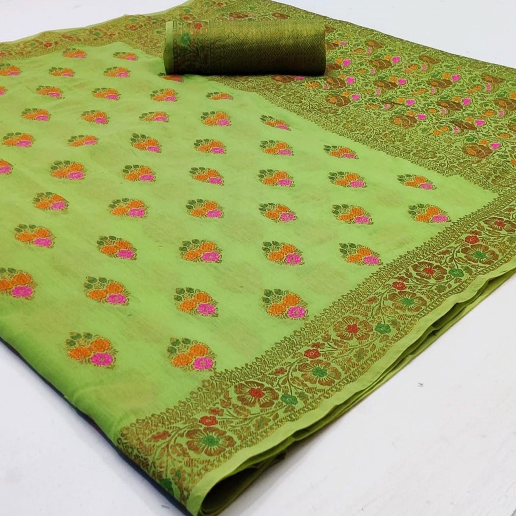 Peachmode Exceptional Green Colored Festive Wear Woven Cotton Saree