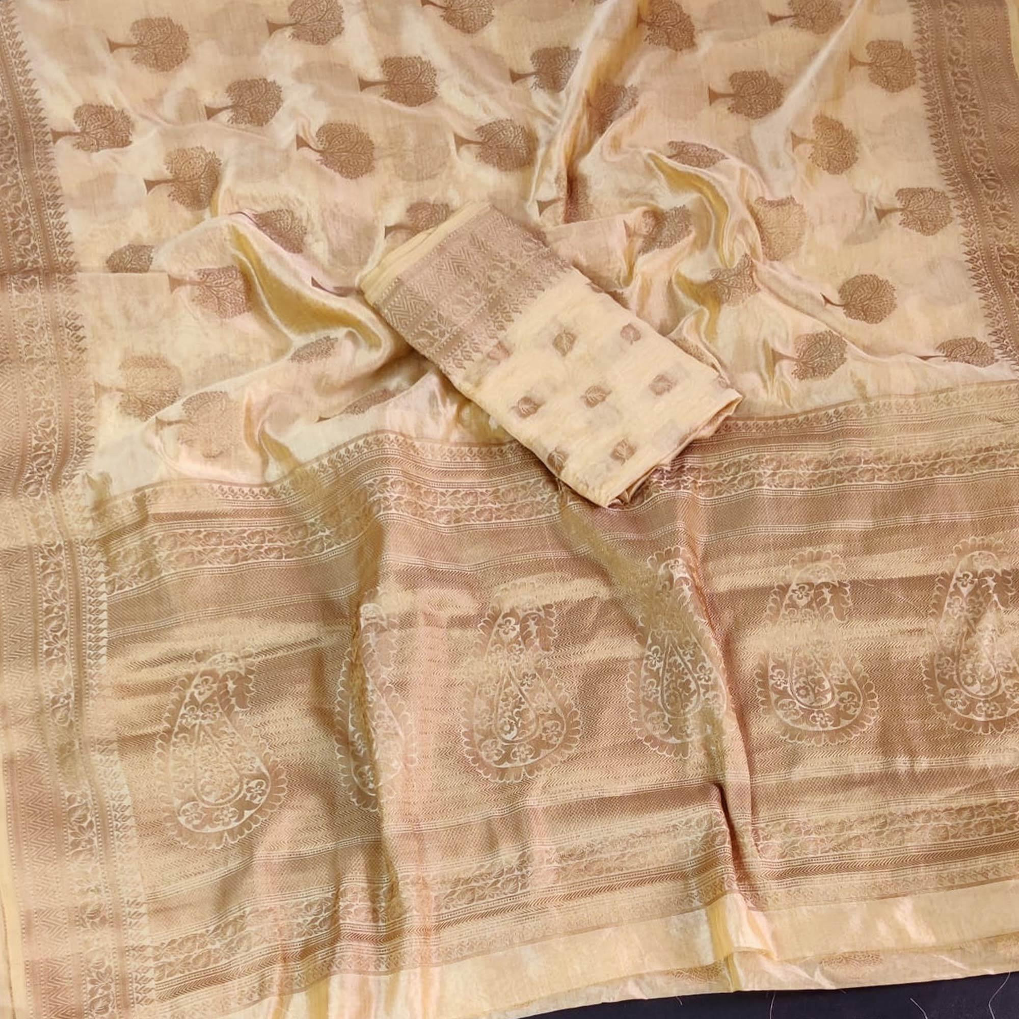 Peachmode Cream Festive Wear Woven Designer Jacquard Border Soft Organza Saree - view 3