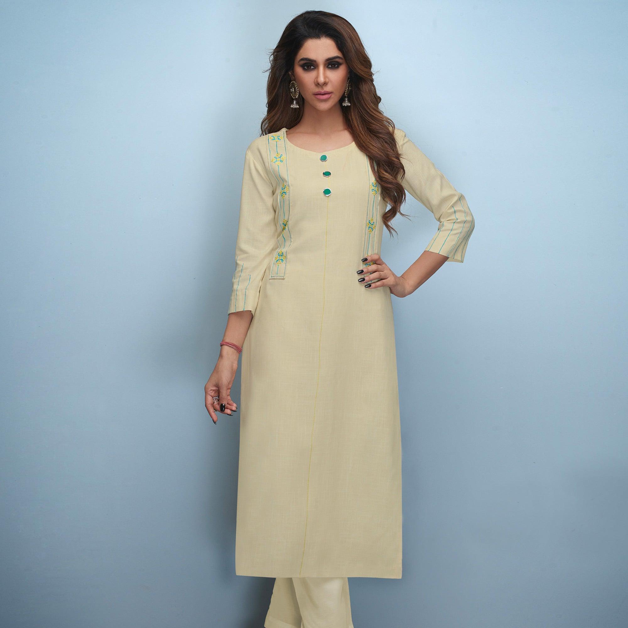 Peachmode Seller Flattering Cream Colored Partywear Embroidered Rayon Kurti