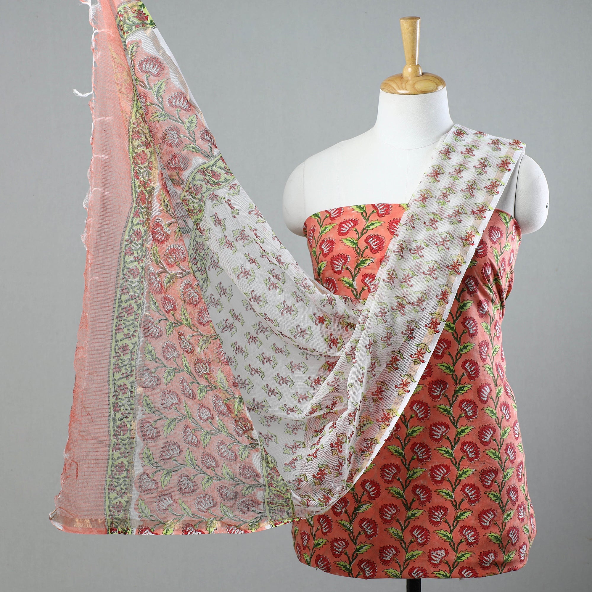 KUSUMLATA 3pc Sanganeri Block Printed Cotton Suit Material with Kota Doria Dupatta 17