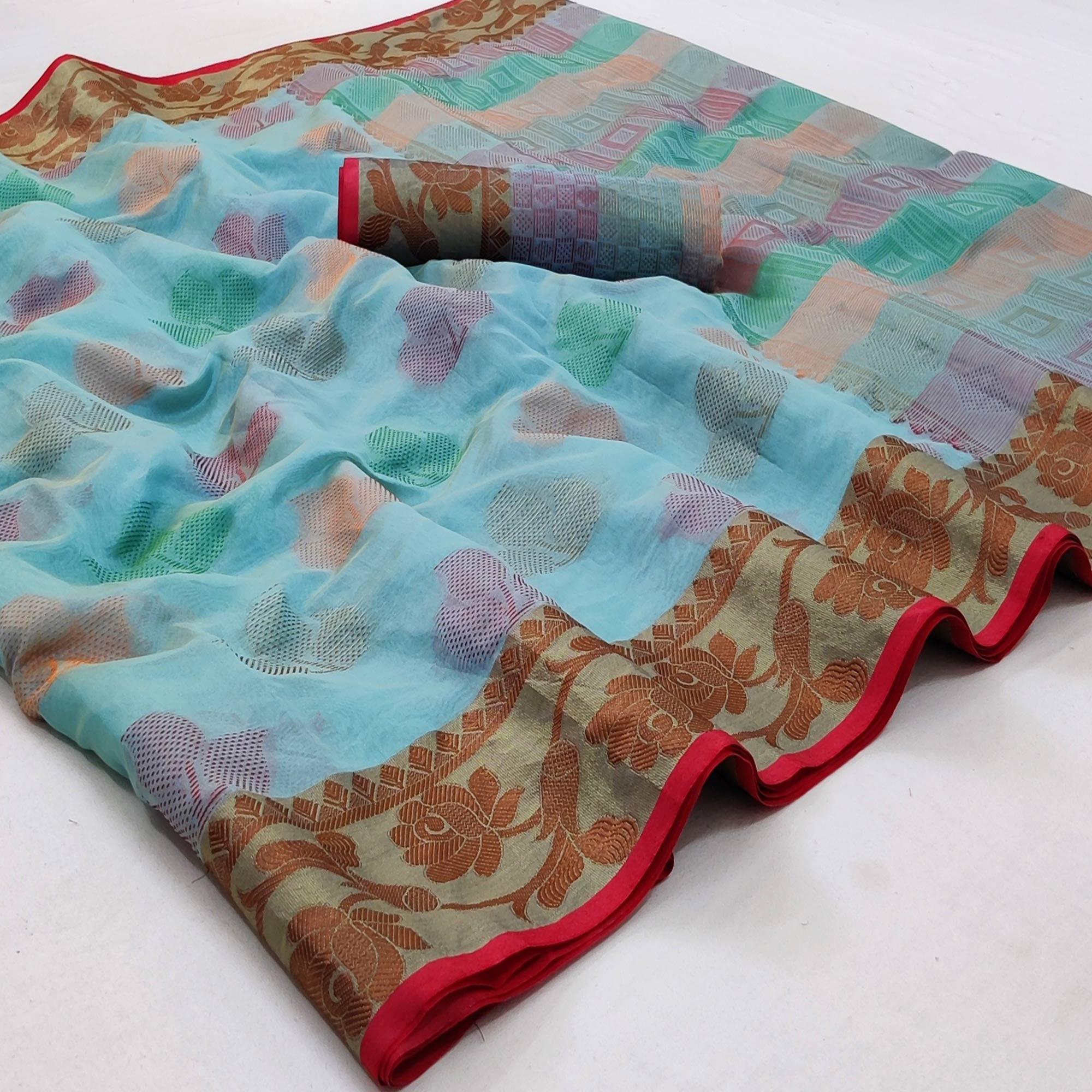 Peachmode Firozi Festive Wear Woven Rich Pallu Organza Saree
