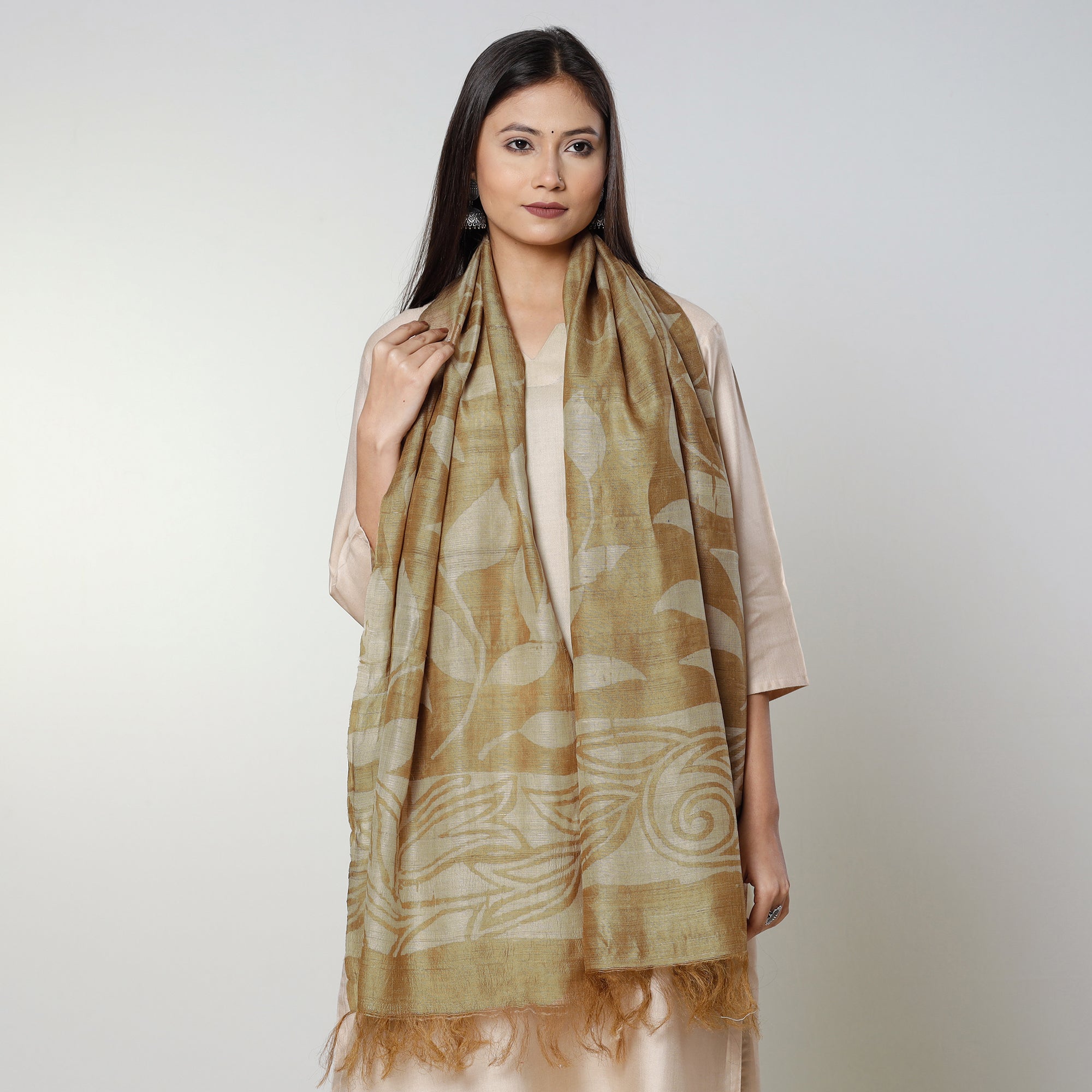 BINDAAS UNLIMITED Brown - Handloom Block Art Print Tussar Silk Bindaas Stole - view 2