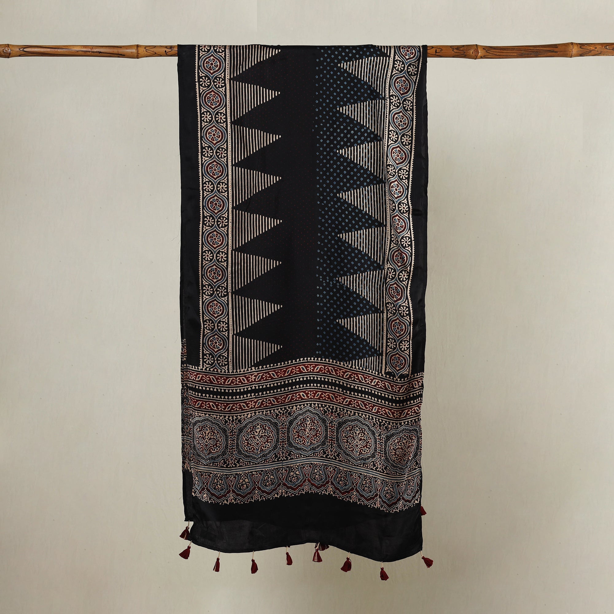 RIYAZ ABDULMAJID KHATRI - AJRAKH Black - Ajrakh Hand Block Printed Modal Silk Stole with Tassels - view 2