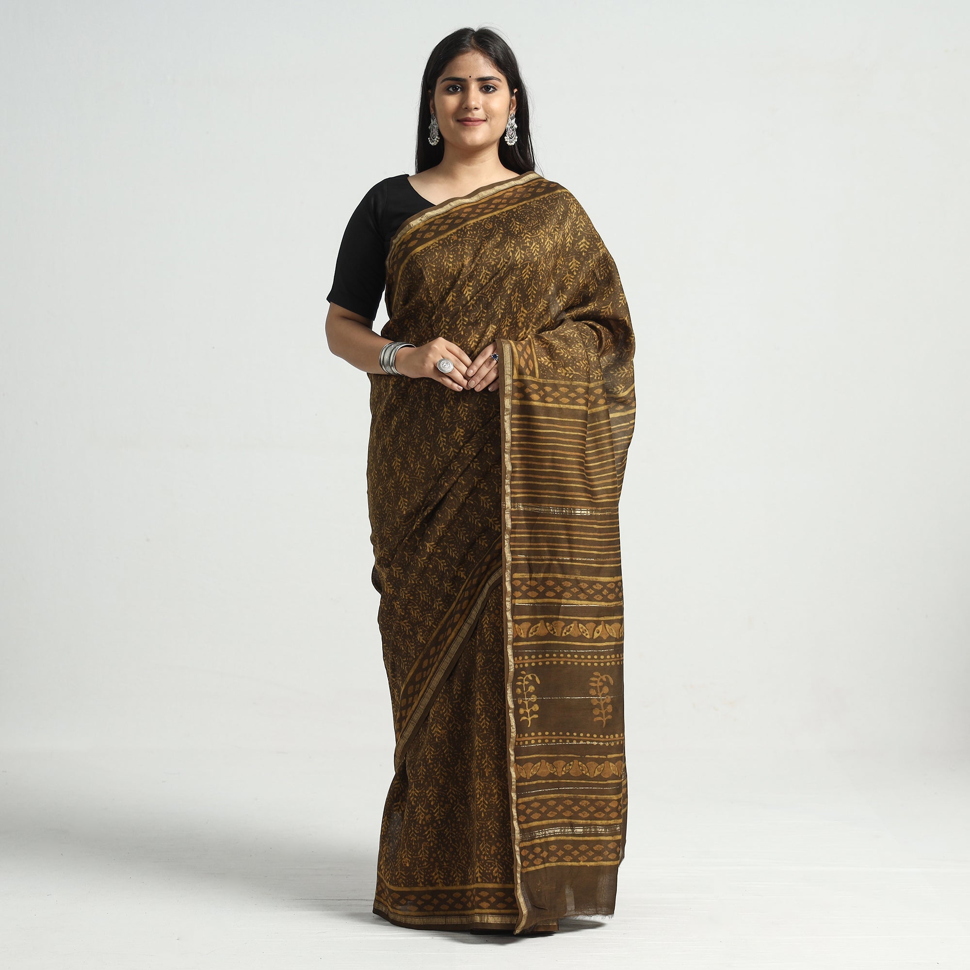 HAVELI CHRONICLES Brown - Akola Hand Block Printed Chanderi Silk Saree with Zari Border
