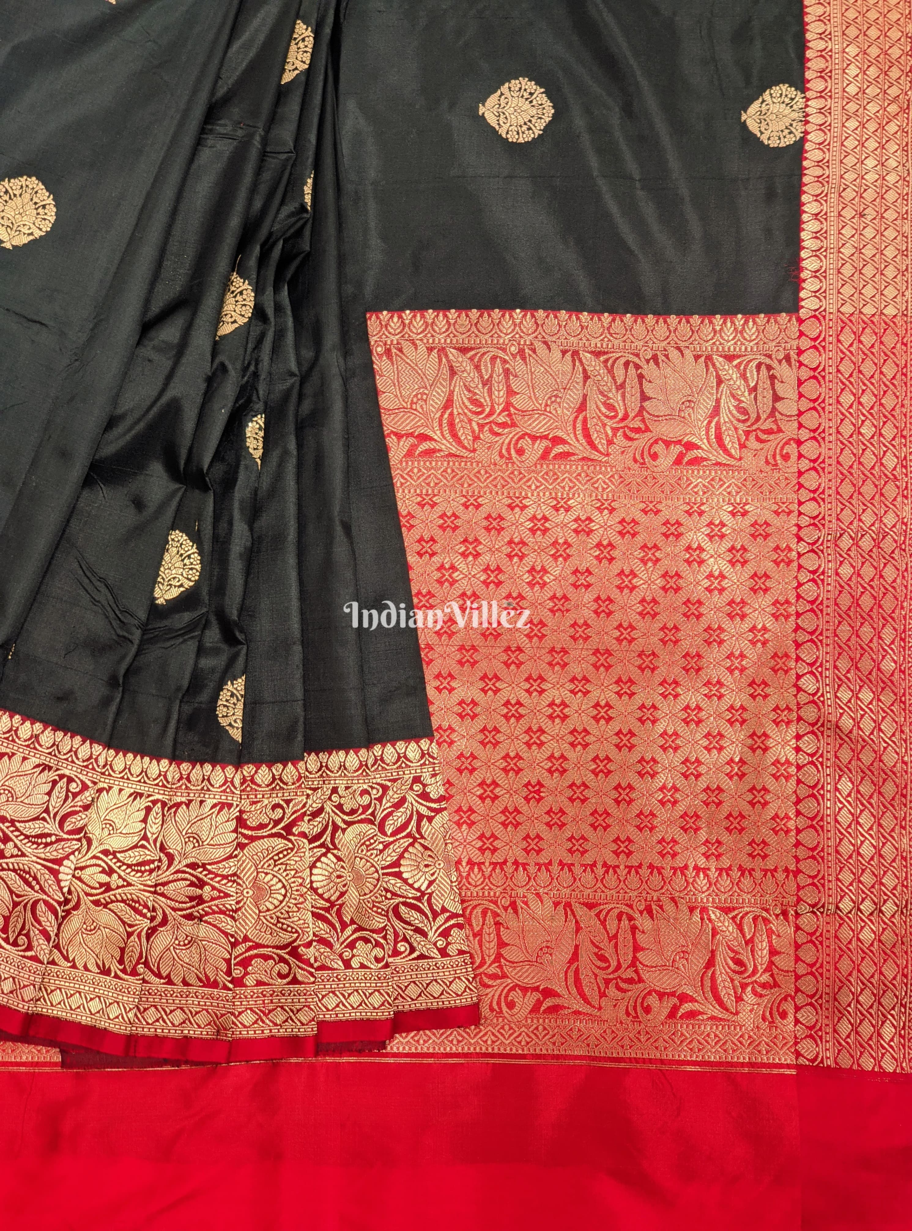 IndianVillèz Black Red Designer Pure Banarasi Katan Silk Saree