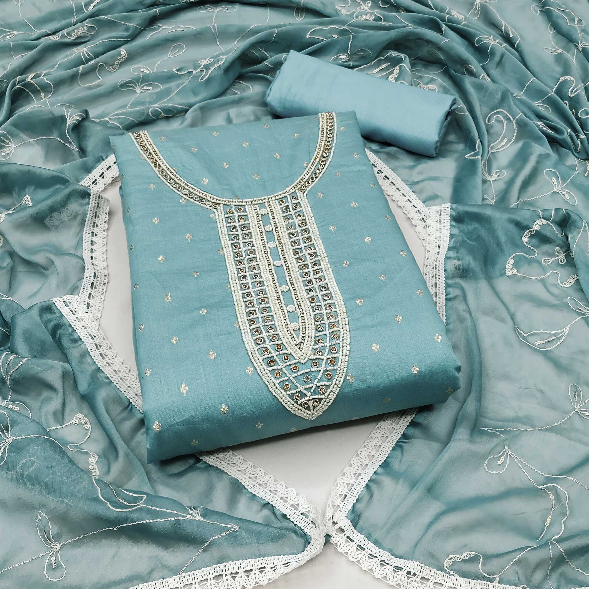 Peachmode Blue Woven With Moti Handwork Chanderi Silk Dress Material