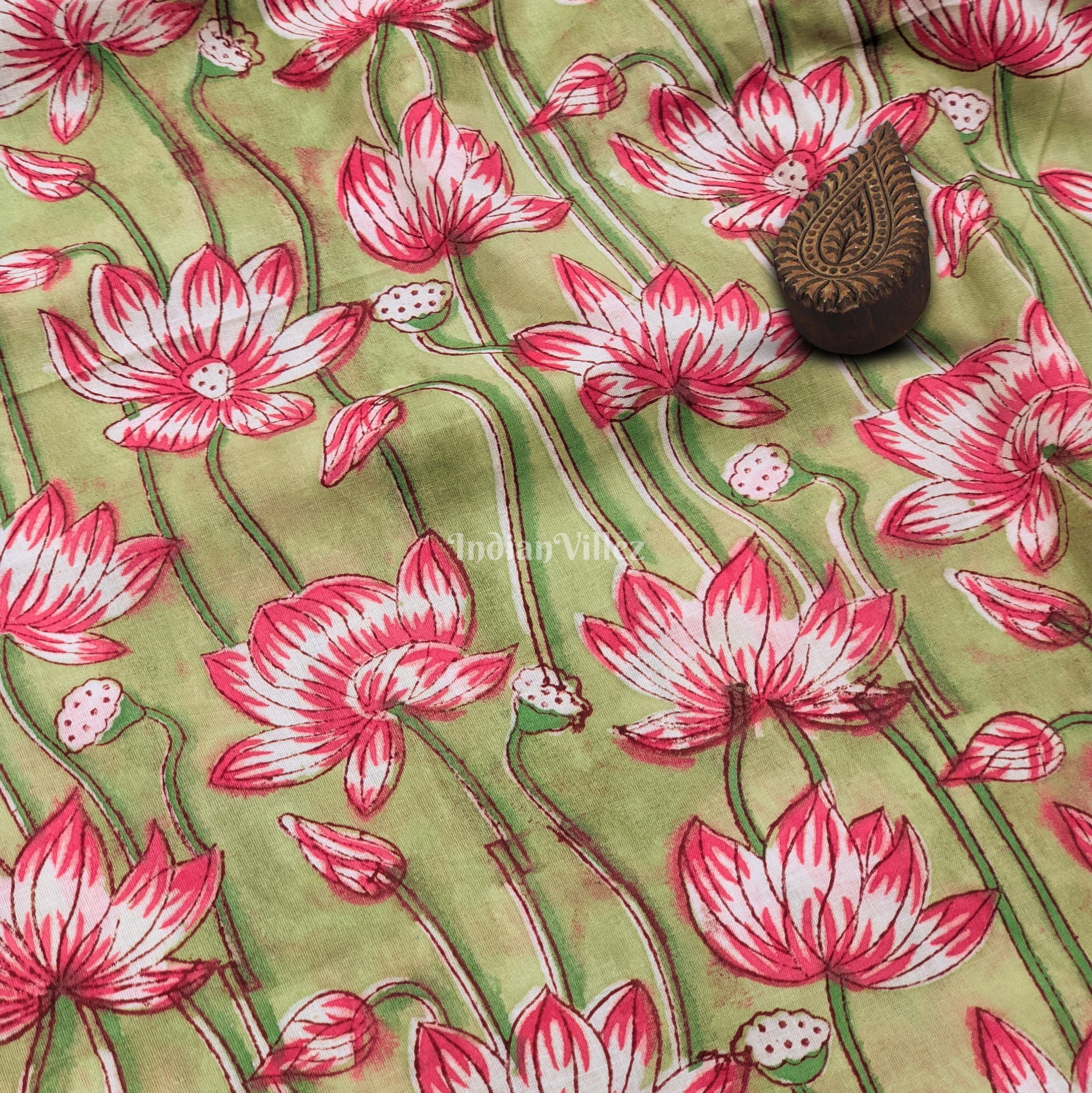 IndianVillèz Green Red Lotus Hand Block Printed Cotton Fabric