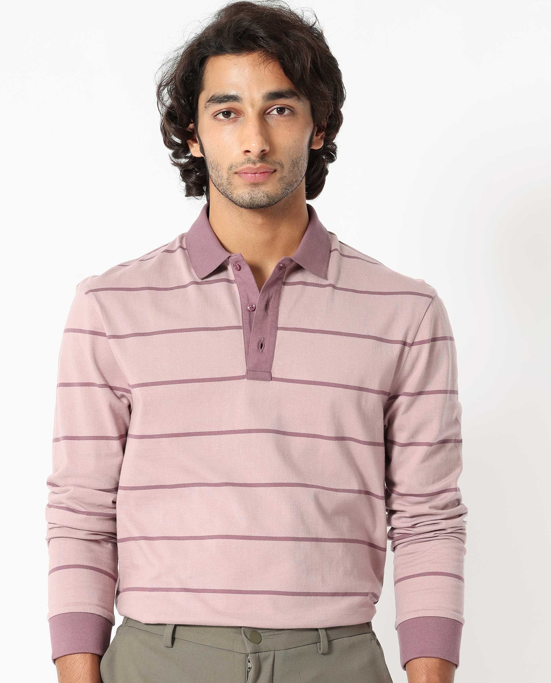 Rare Rabbit Men's Clove Dusky Pink Cotton Fabric Collared Neck Full Sleeves Striped Polo T-Shirt - view 2