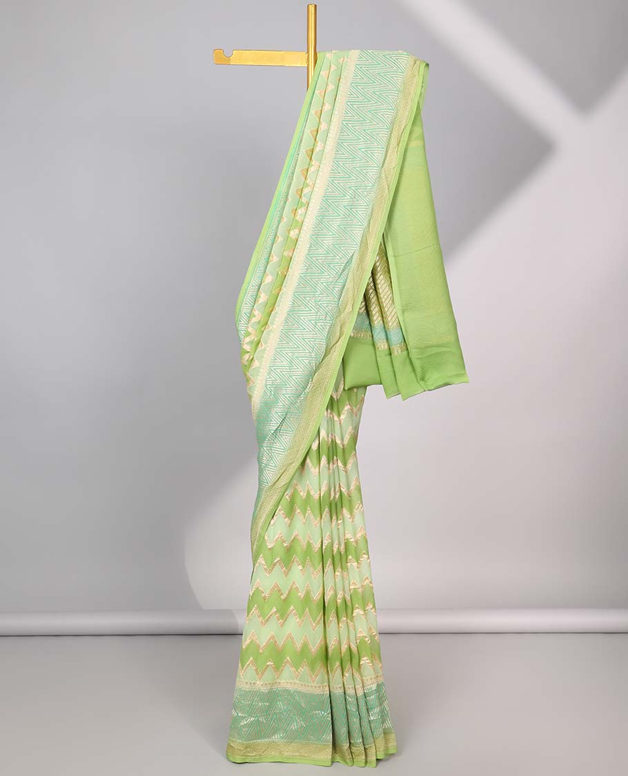 Pothys Green zig-zag striped banaras georgette saree with contrast border & geometric design pallu