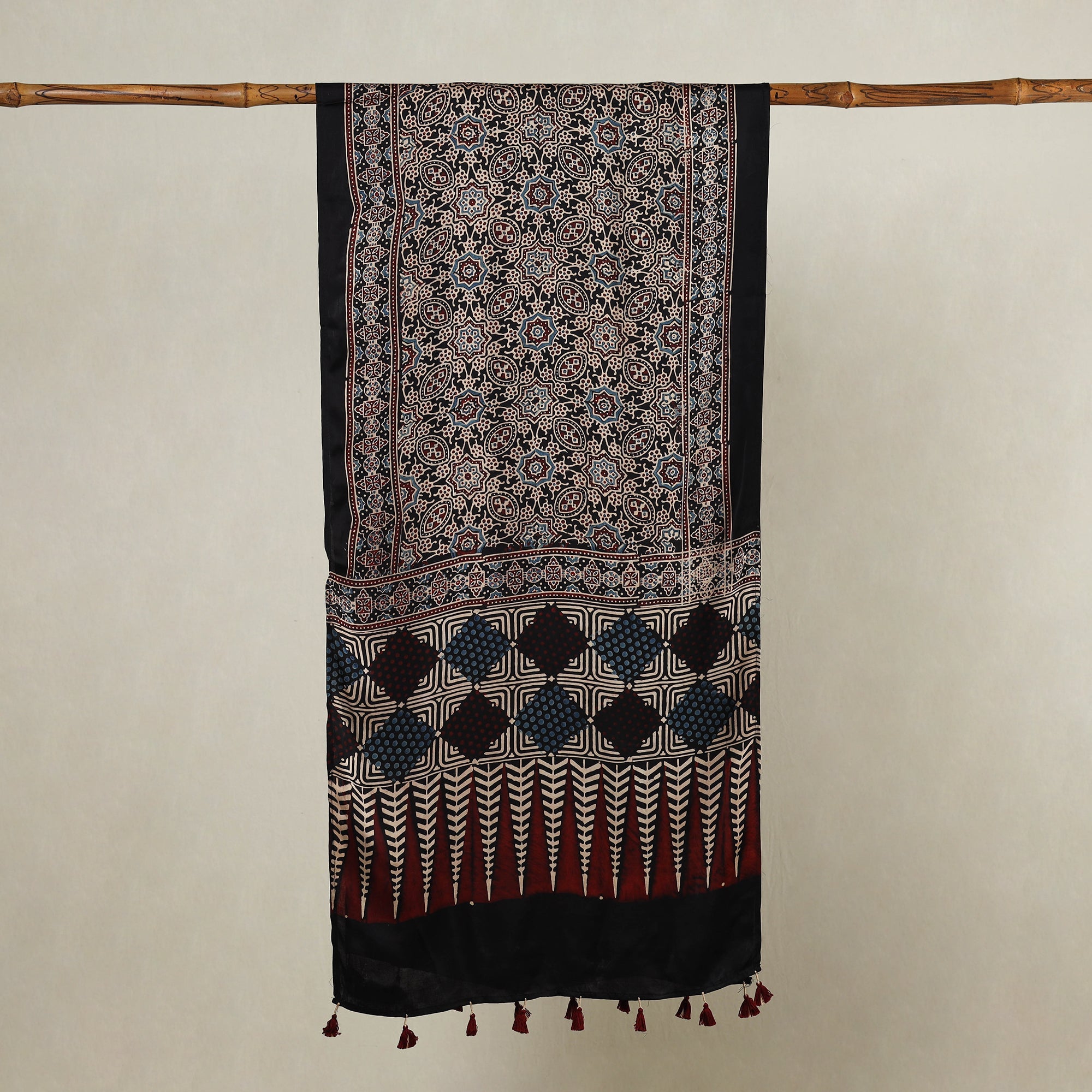 RIYAZ ABDULMAJID KHATRI - AJRAKH Black - Ajrakh Hand Block Printed Modal Silk Stole with Tassels - view 2