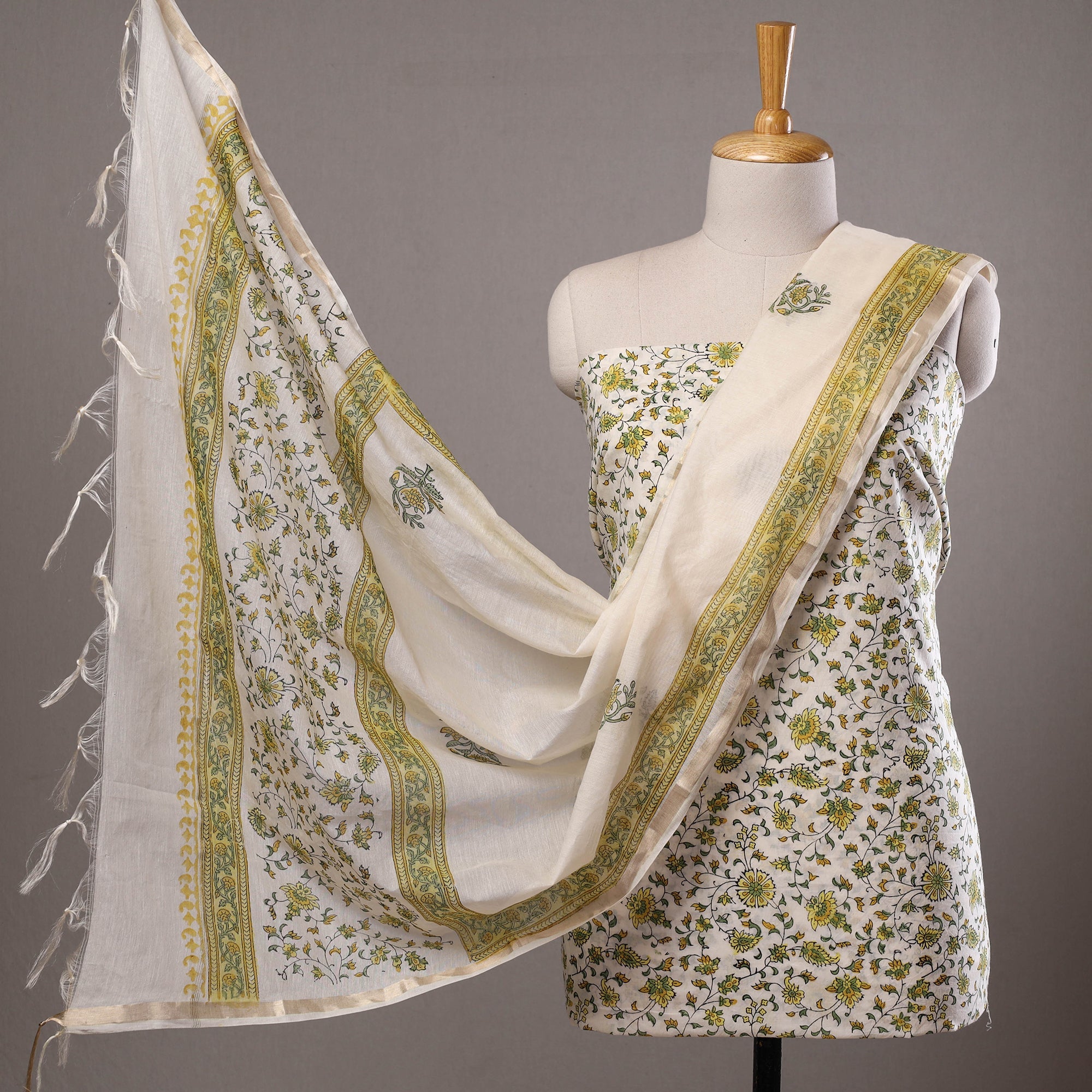 HAVELI CHRONICLES Beige - 3pc Sanganeri Block Printed Cotton Suit Material with Chanderi Silk Dupatta 03