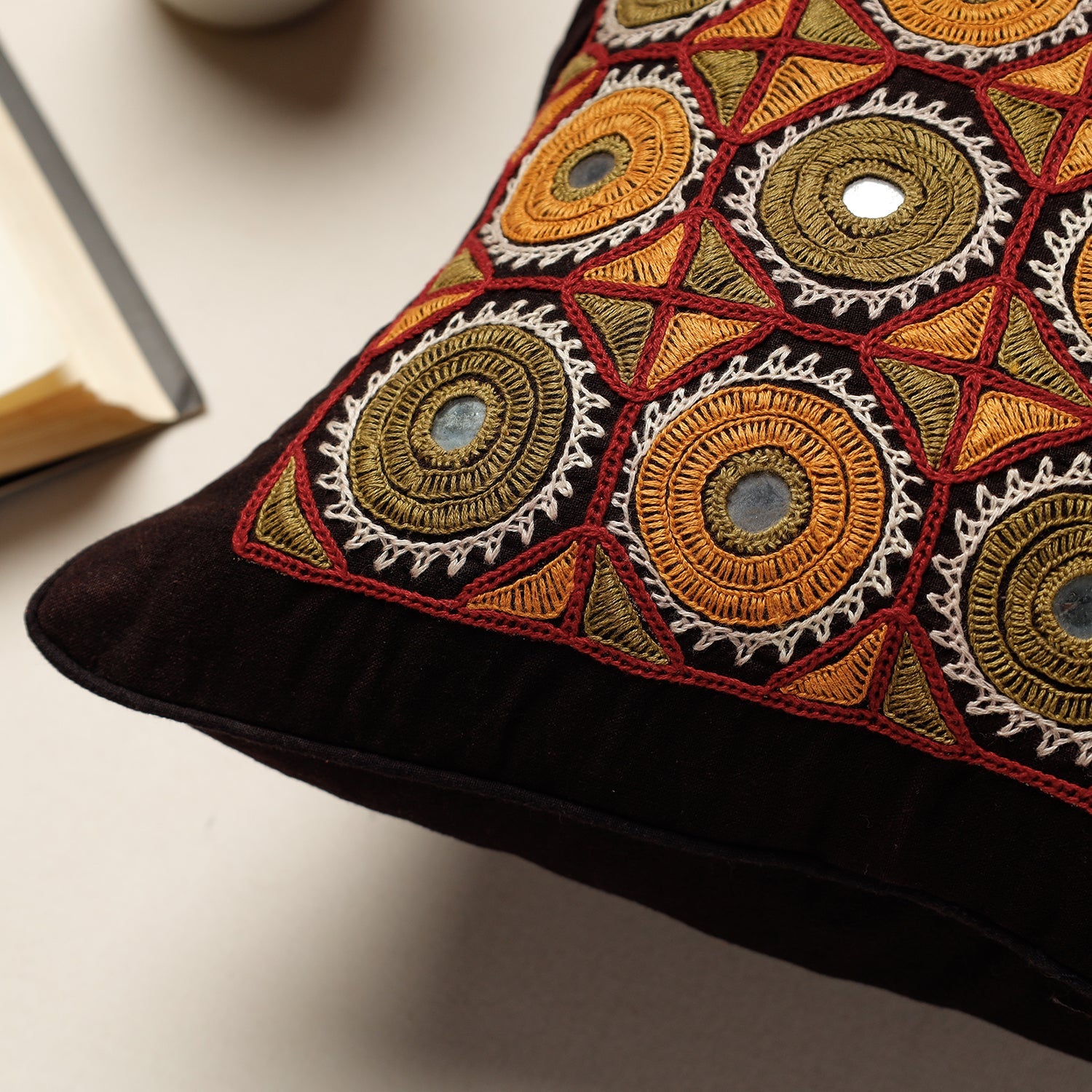 Brown - Kala Raksha Rabari Hand Embroidery Cotton Cushion Cover (13 x 13 in) - view 2