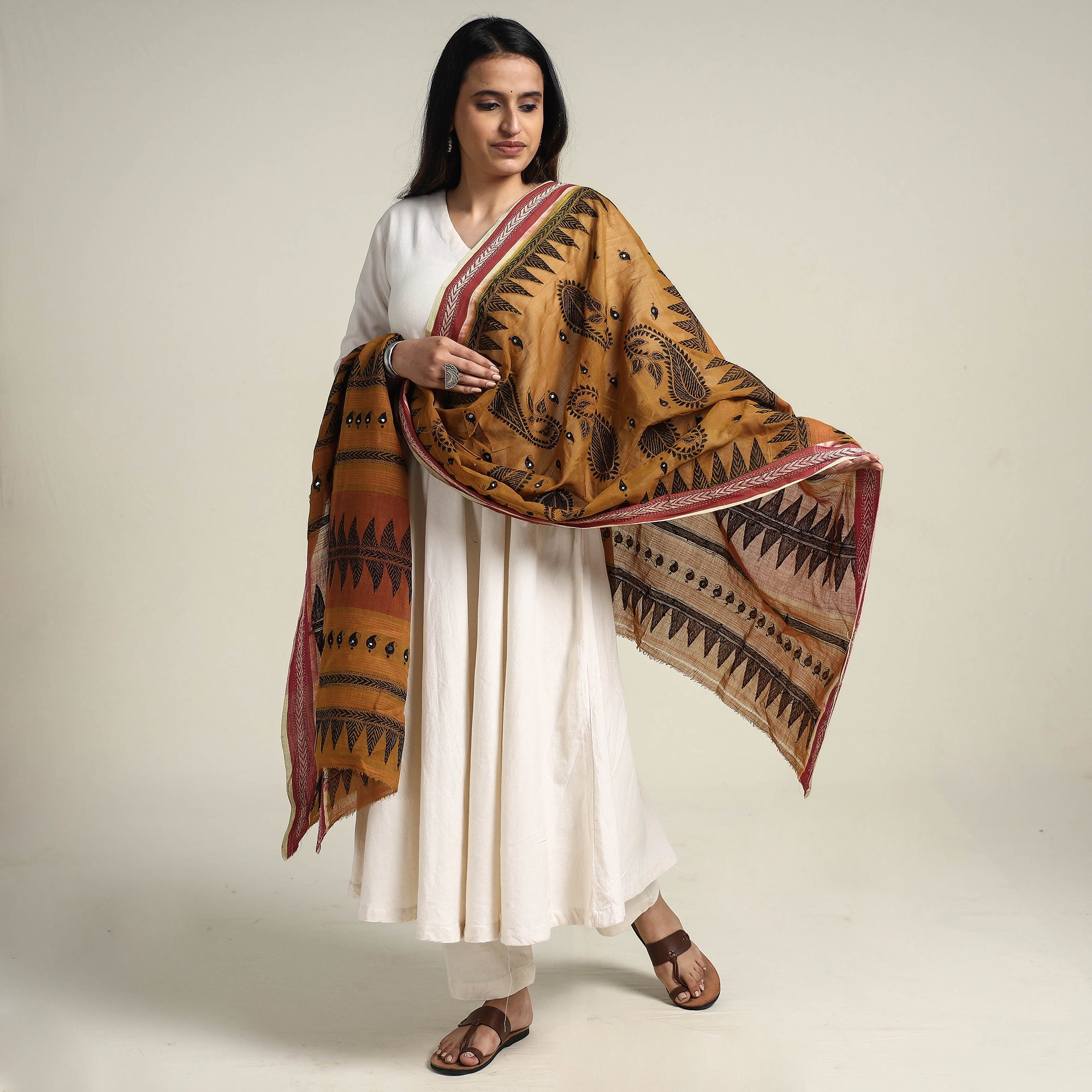 KHUSHBASH - HAPPY LOOM OF EAST Brown - Bengal Kantha Embroidered Cotton Handloom Dupatta - view 2