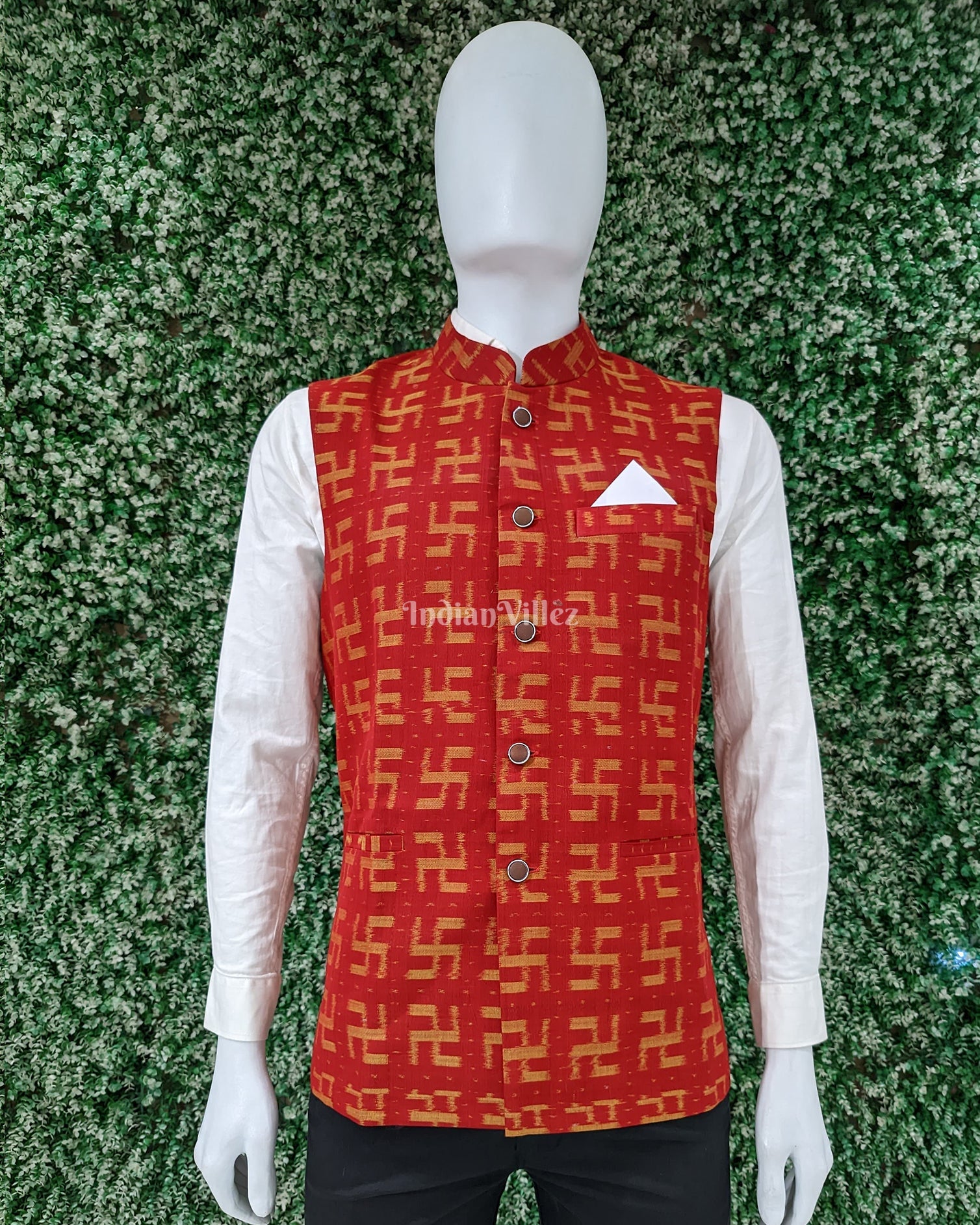 IndianVillèz Red Swastik Design Odisha Ikat Cotton Half Bandi Jacket for Men