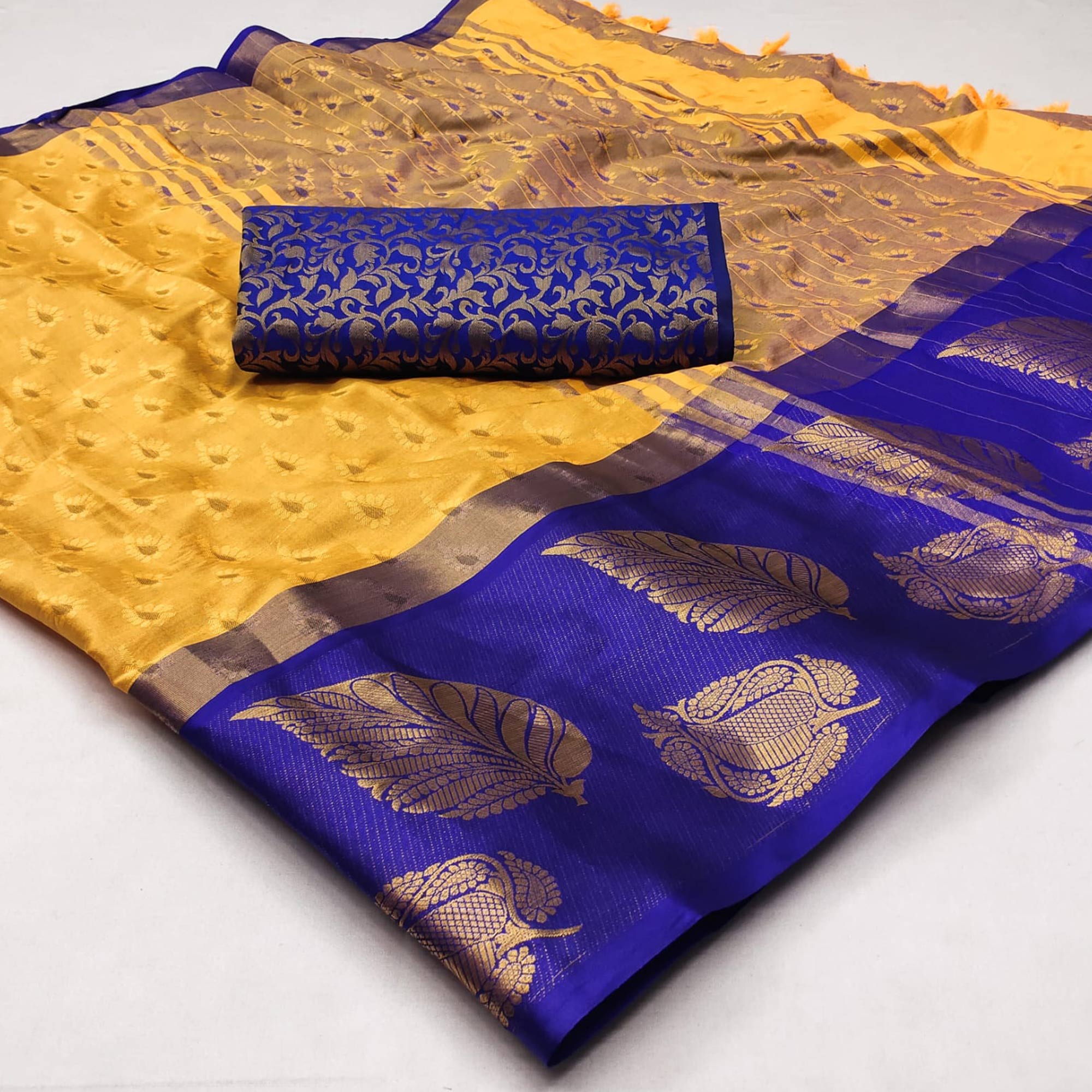 Peachmode Dusty Yellow Woven Cotton Silk Saree With Tassels