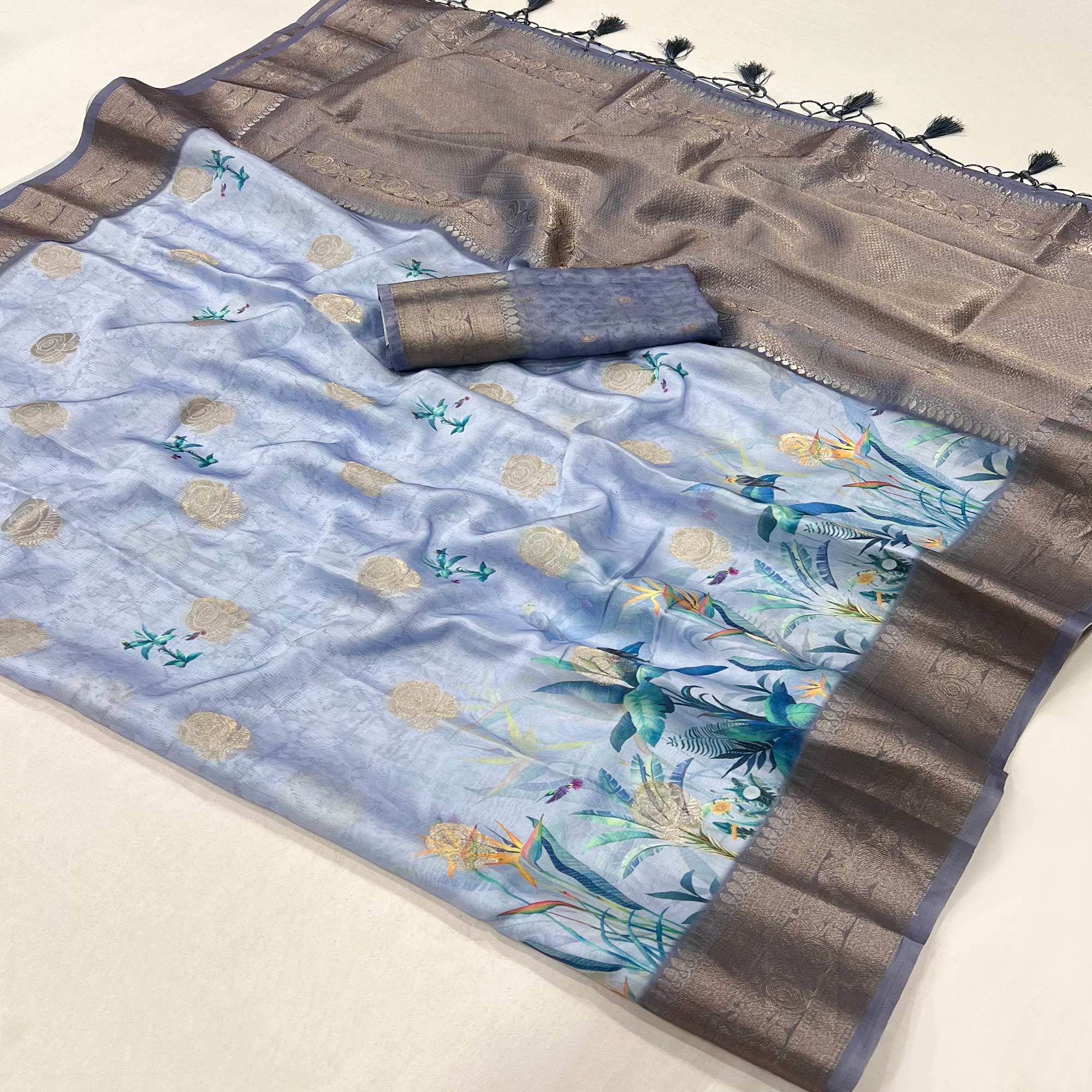 Peachmode Light Lavender Floral Woven With Digital Printed Satin Saree