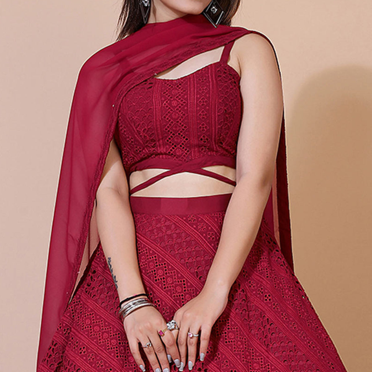 Peachmode Seller Maroon Lucknowi Chikankari Work Rayon Lehenga Choli - view 2