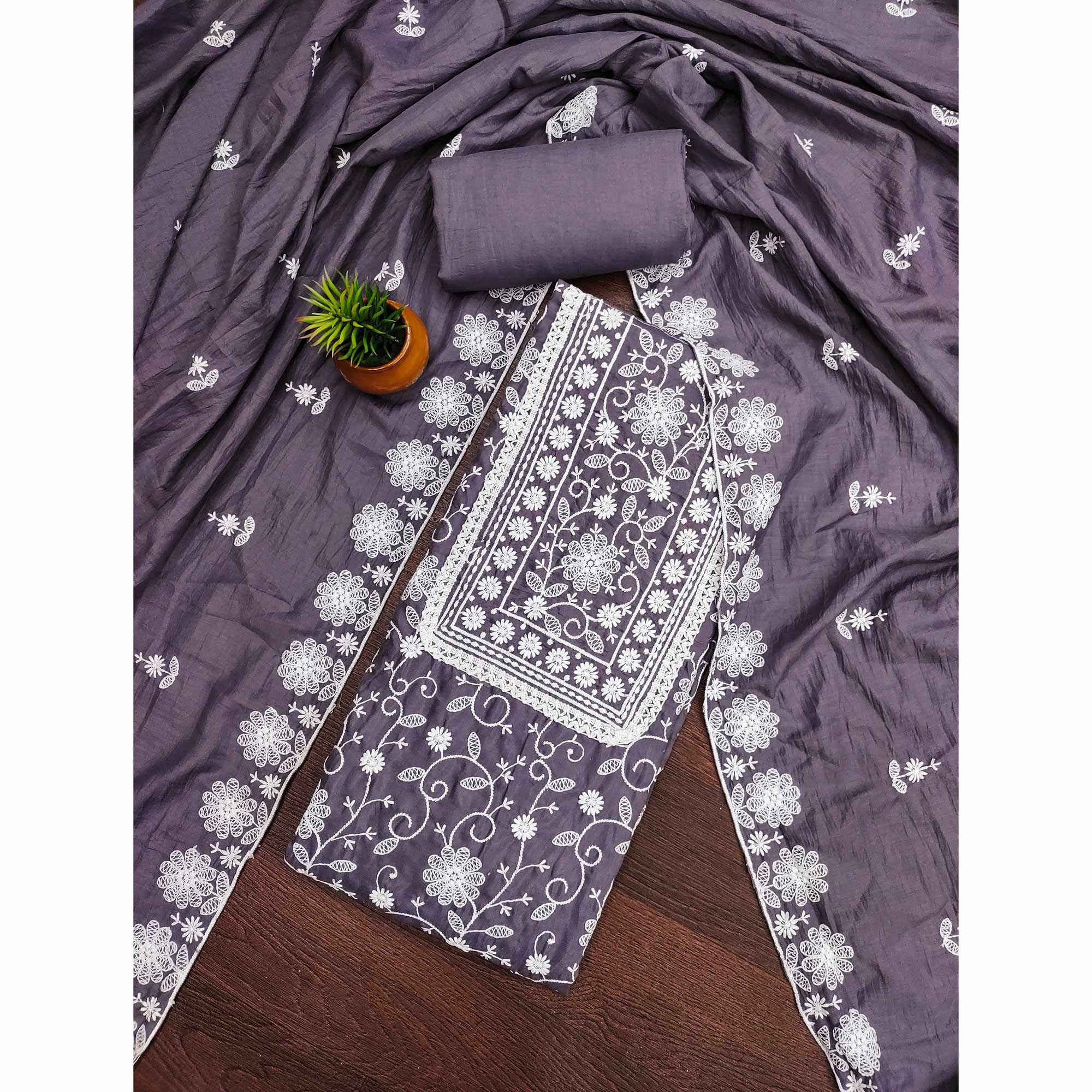 Peachmode Dark Grey Floral Embroidered Art Silk Dress Material - view 3
