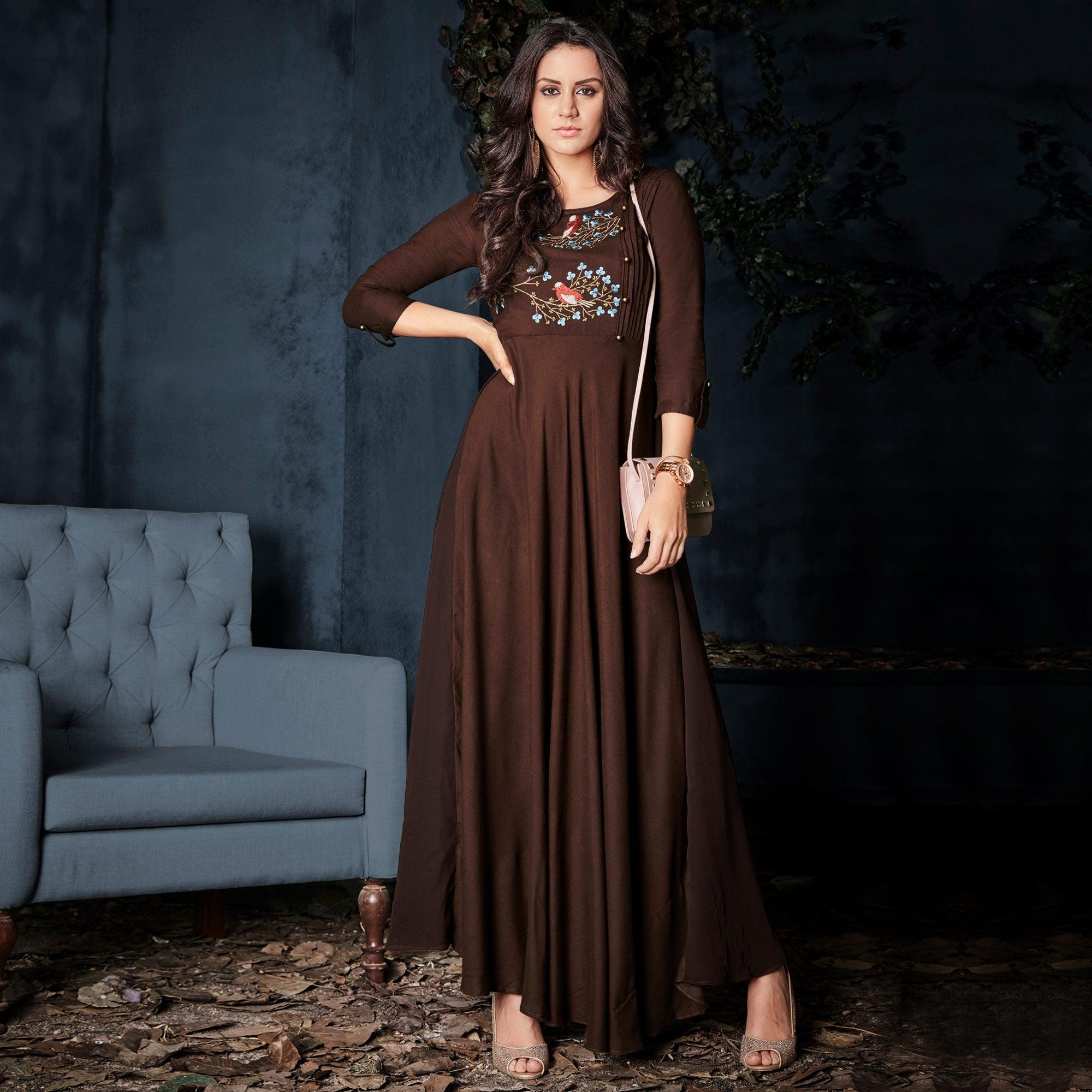 Peachmode Seller Brown Floral Embroidered Rayon Long Kurti - view 2