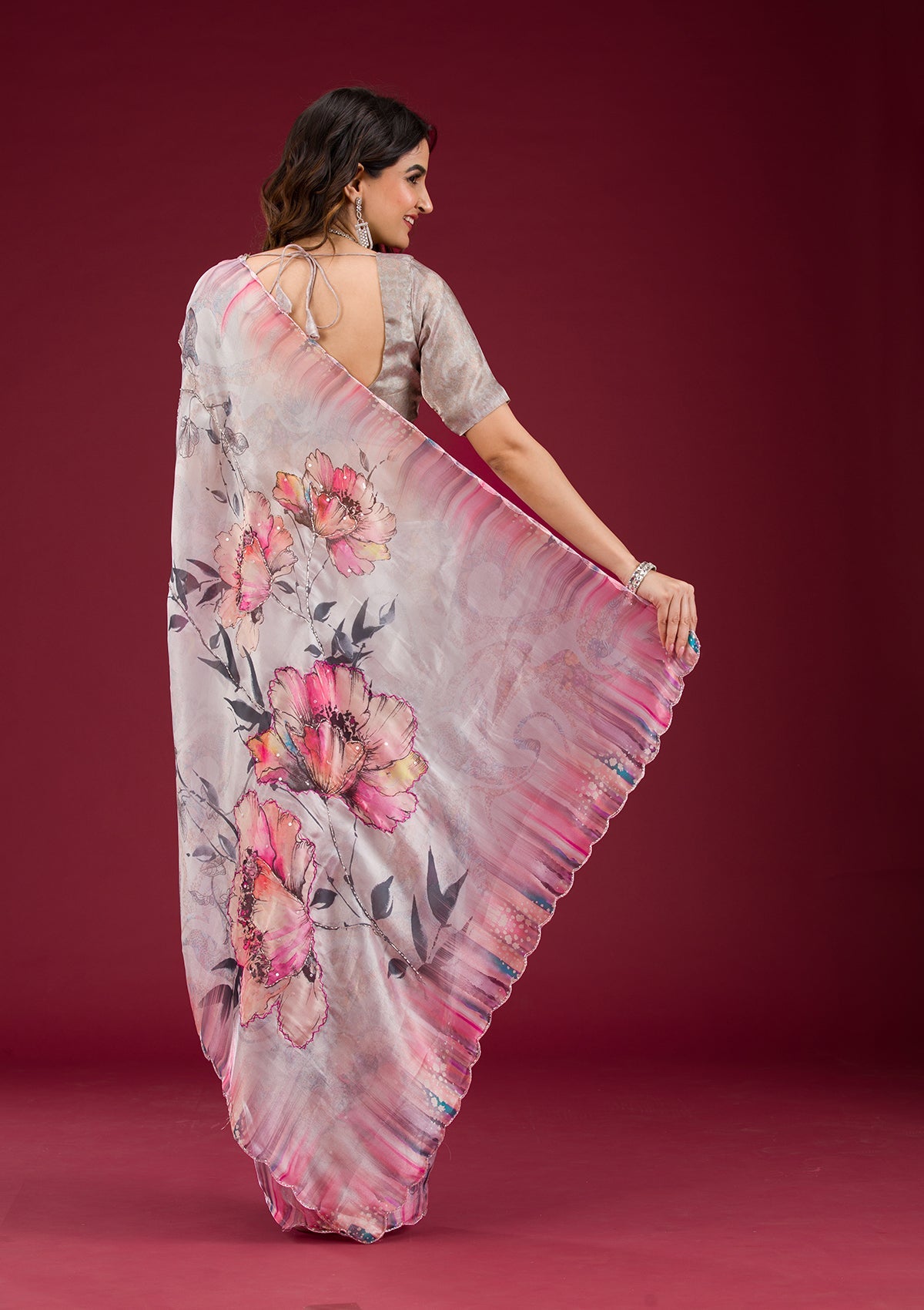 Koskii Cream Printed Tissue Saree – Women's - view 2
