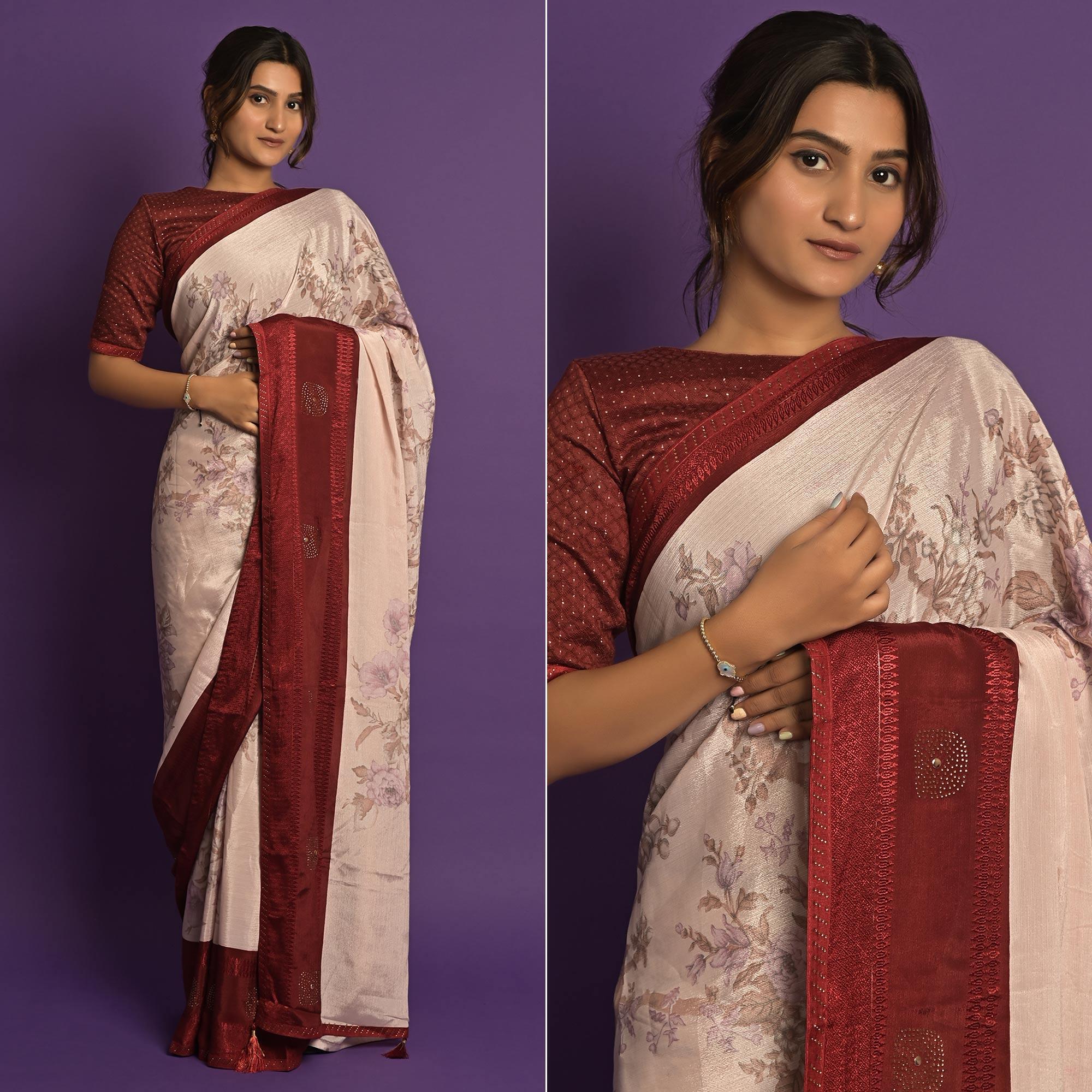 Peachmode Light Pink Printed-Embellished Chiffon Saree