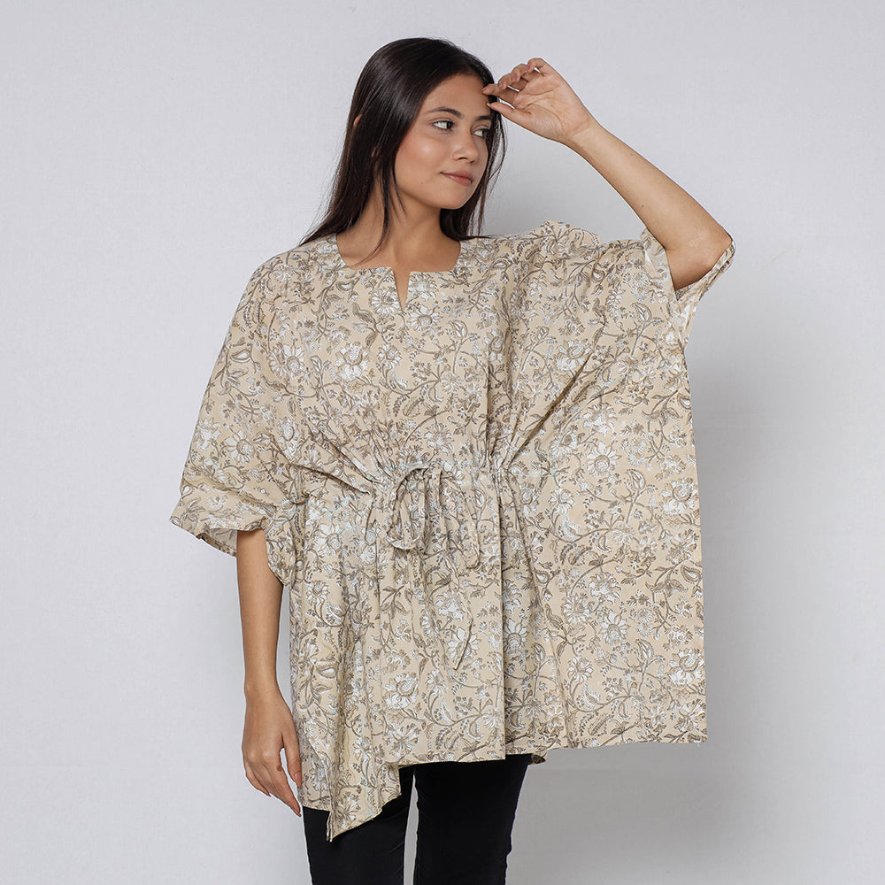 ITOKRI CASUALS Beige - Sanganeri Block Printed Cotton Kaftan with Tie-Up Waist (Short) - view 2