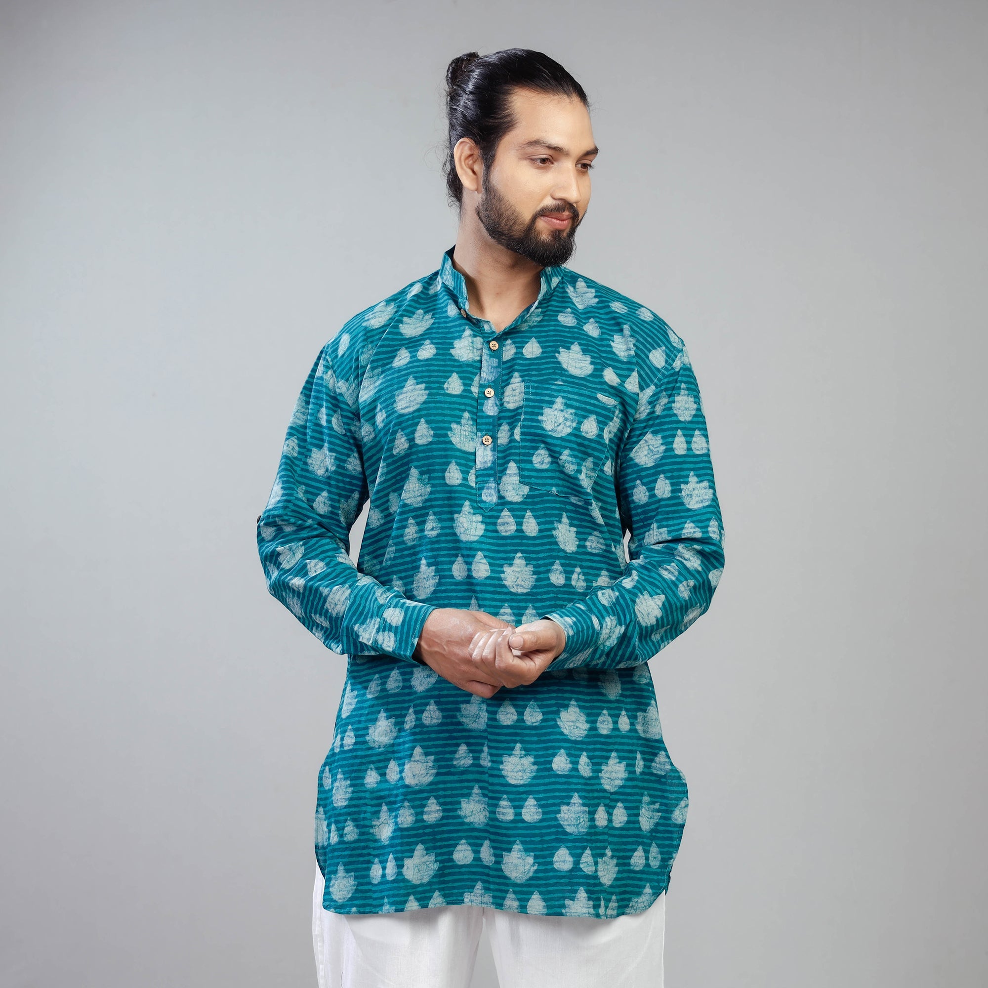 ITOKRI CASUALS Blue - Akola Block Printed Cotton Men Short Kurta