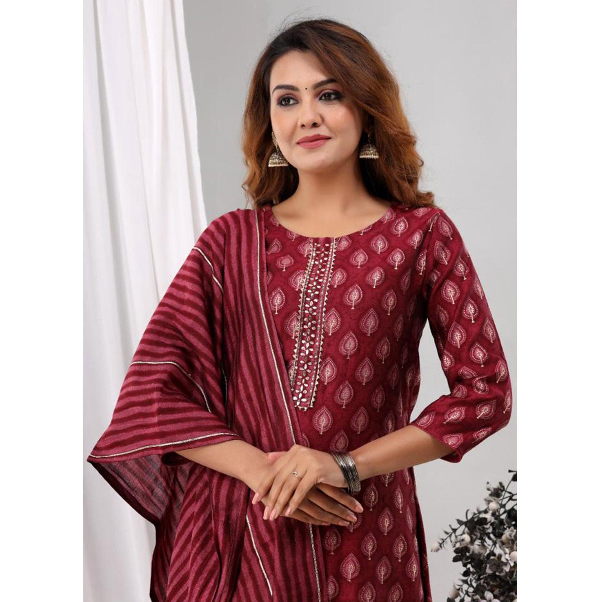 Peachmode Maroon Partywear Sequins Embroidered Cotton Kurti Palazzo Suit - view 2