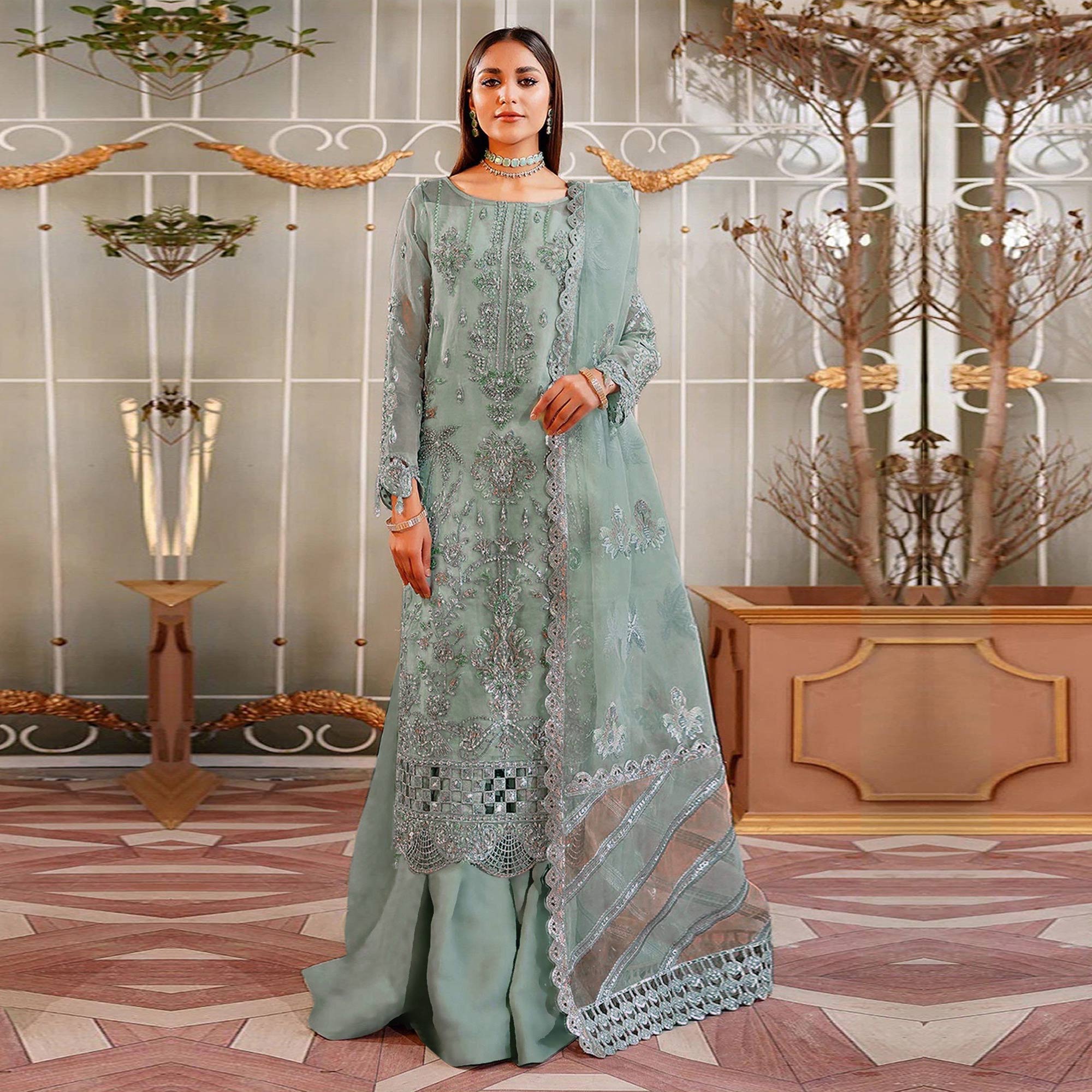 Peachmode Dusty Green Floral Sequins Embroidered Organza Semi Stitched Pakistani Suit - view 2