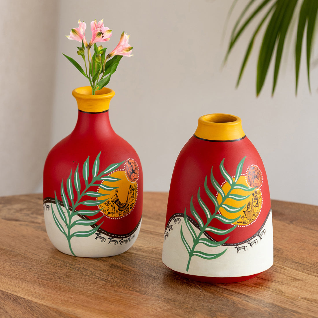 EXCLUSIVELANE 'Leafy Warli Tales' Hand-Painted Terracotta Vases (Set of 2, Red)