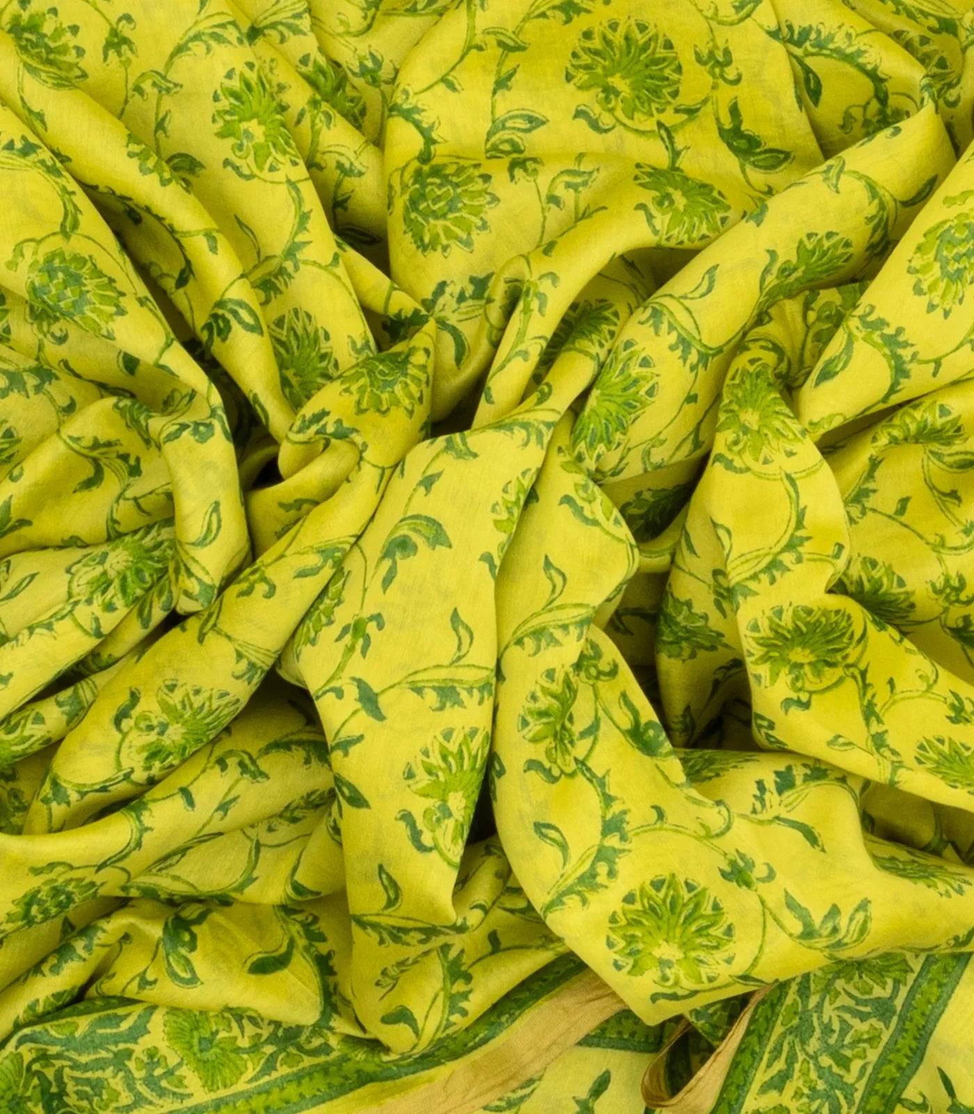 RmKV Lemon Yellow Handloom Chanderi Cotton Saree With Printed Green Floral Motif - view 3