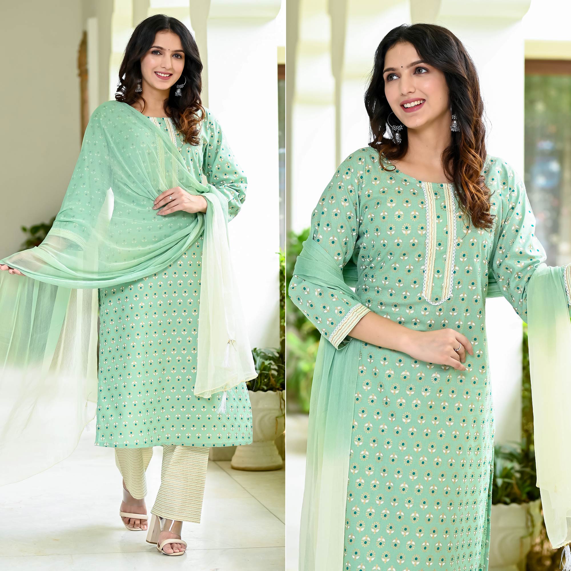 Green suits – BlackTree green-floral-foil-printed-pure-cotton-suit
