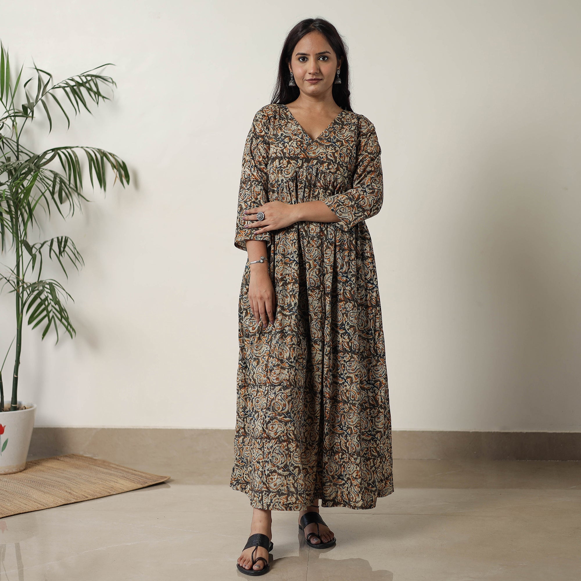 ITOKRI CASUALS Brown - Pedana Kalamkari Block Printed Cotton Flared Dress 05