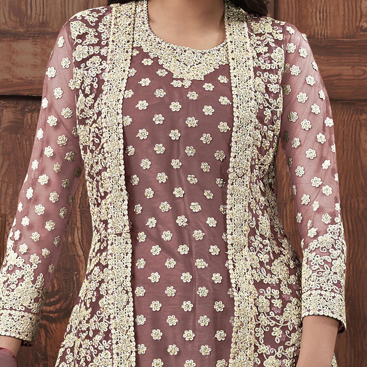 Peachmode Classy Beige Coloured Partywear Embroidered Butterfly Net Pakistani Straight Suit - view 3