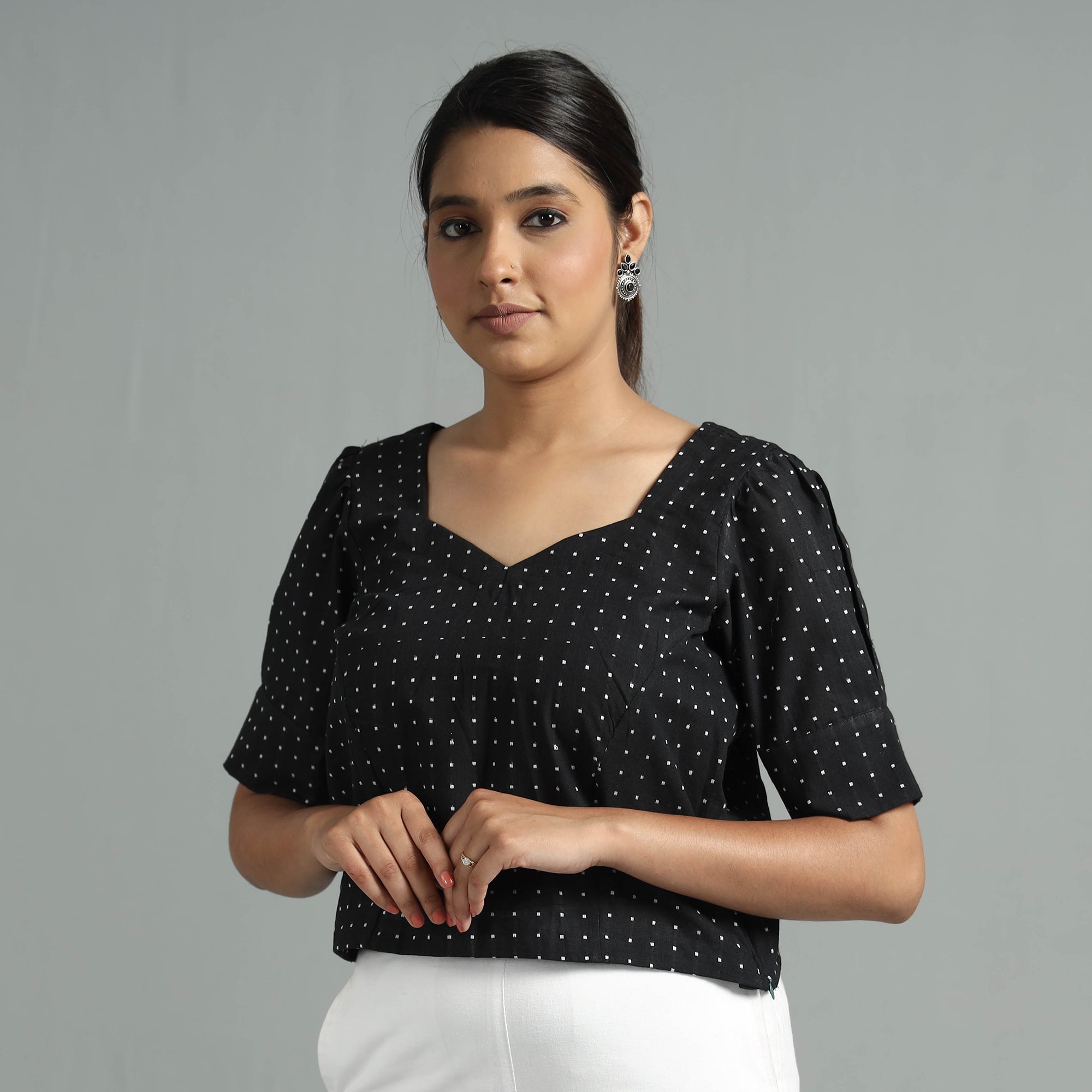 ITOKRI CASUALS Black Jacquard Half Sleeve Cotton Crop Top