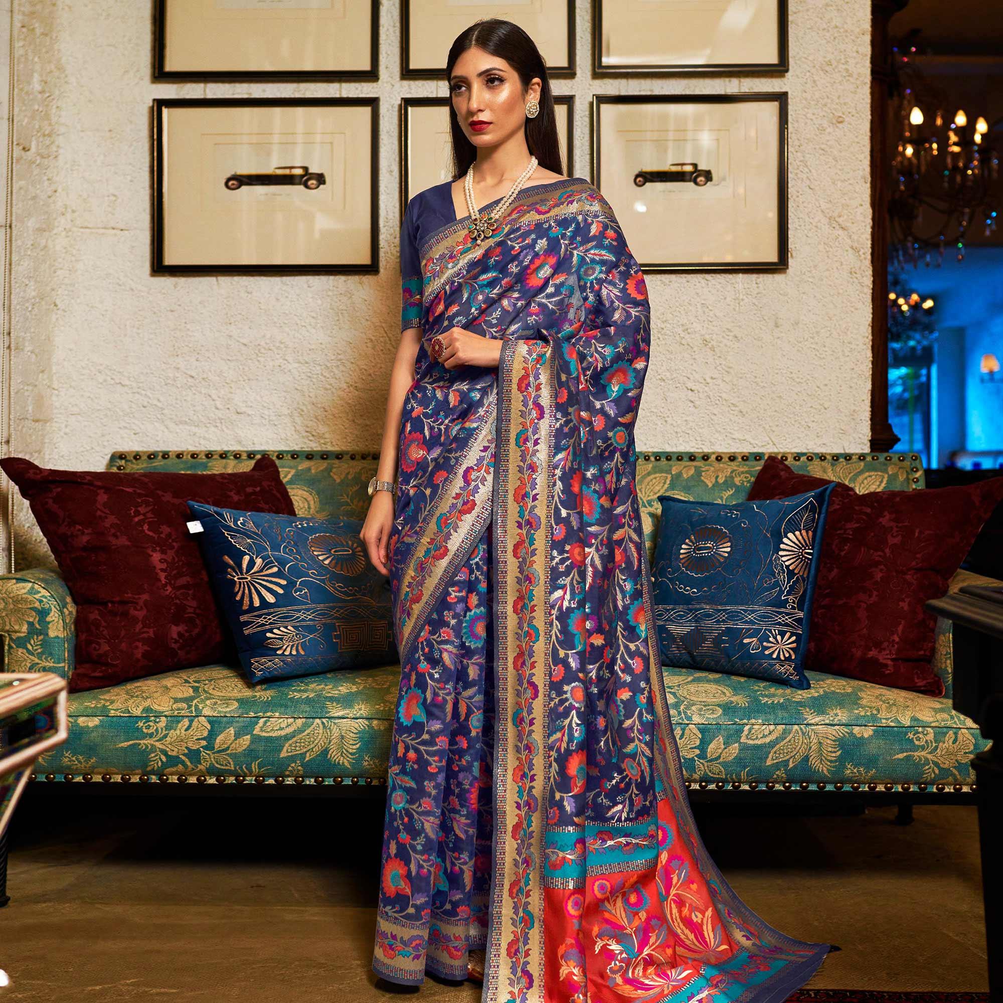 Peachmode Demanding Blue Colored Festive Wear Woven Chanderi Saree