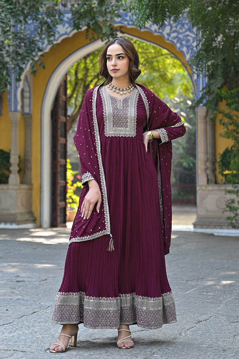 Ahika Magenta Georgette Solid Yoke Design Sequined Anarkali Kurta dupatta Set VKSET1480 - view 7