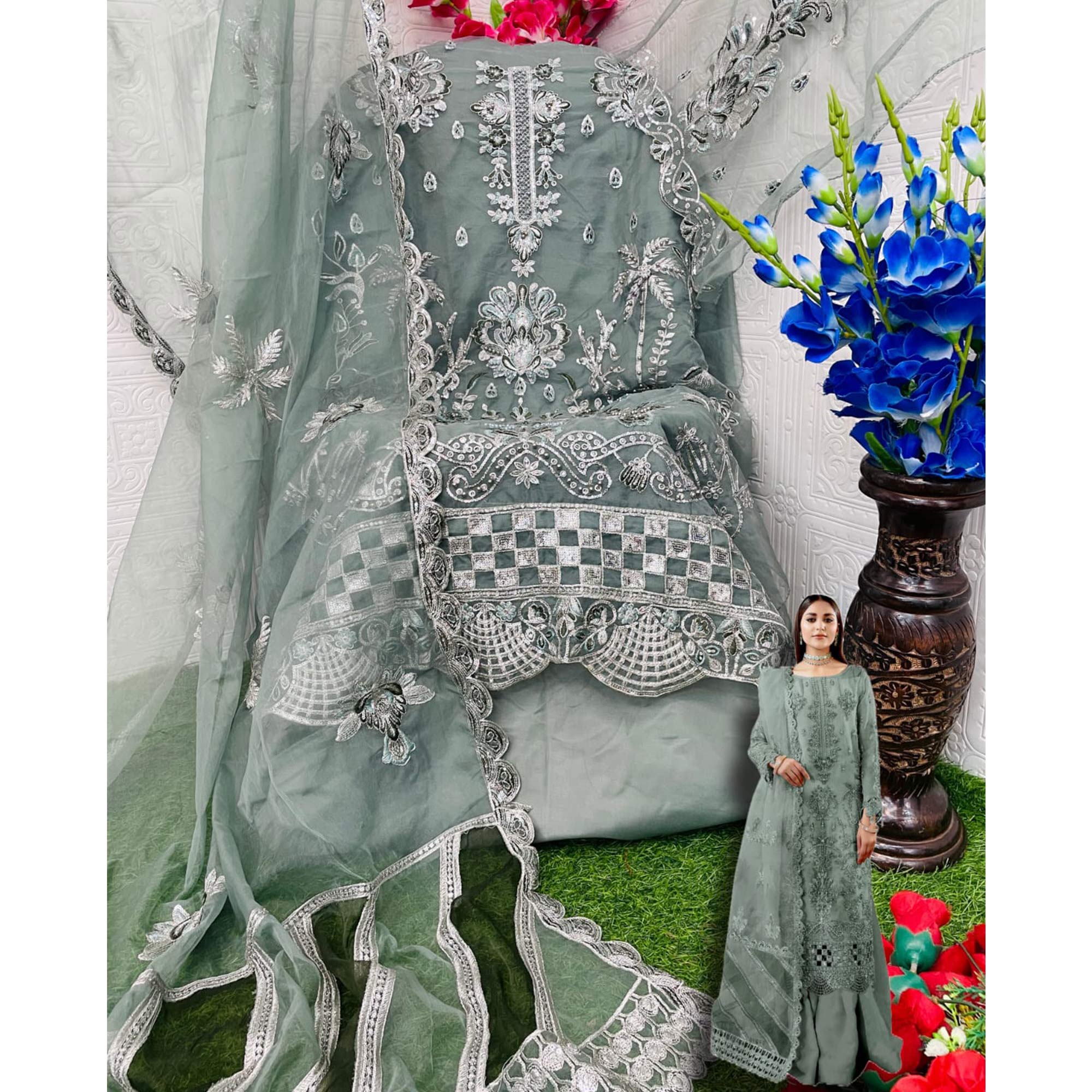 Peachmode Dusty Green Floral Sequins Embroidered Organza Semi Stitched Pakistani Suit - view 5
