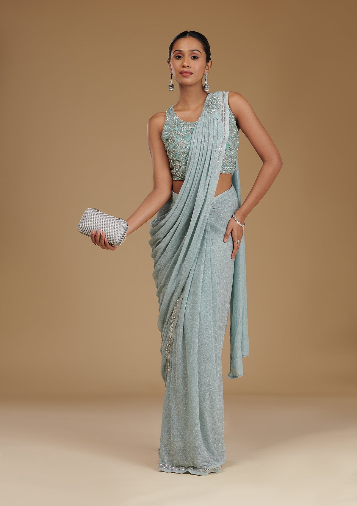 Koskii Sea Green Stonework Chiffon Readymade Saree