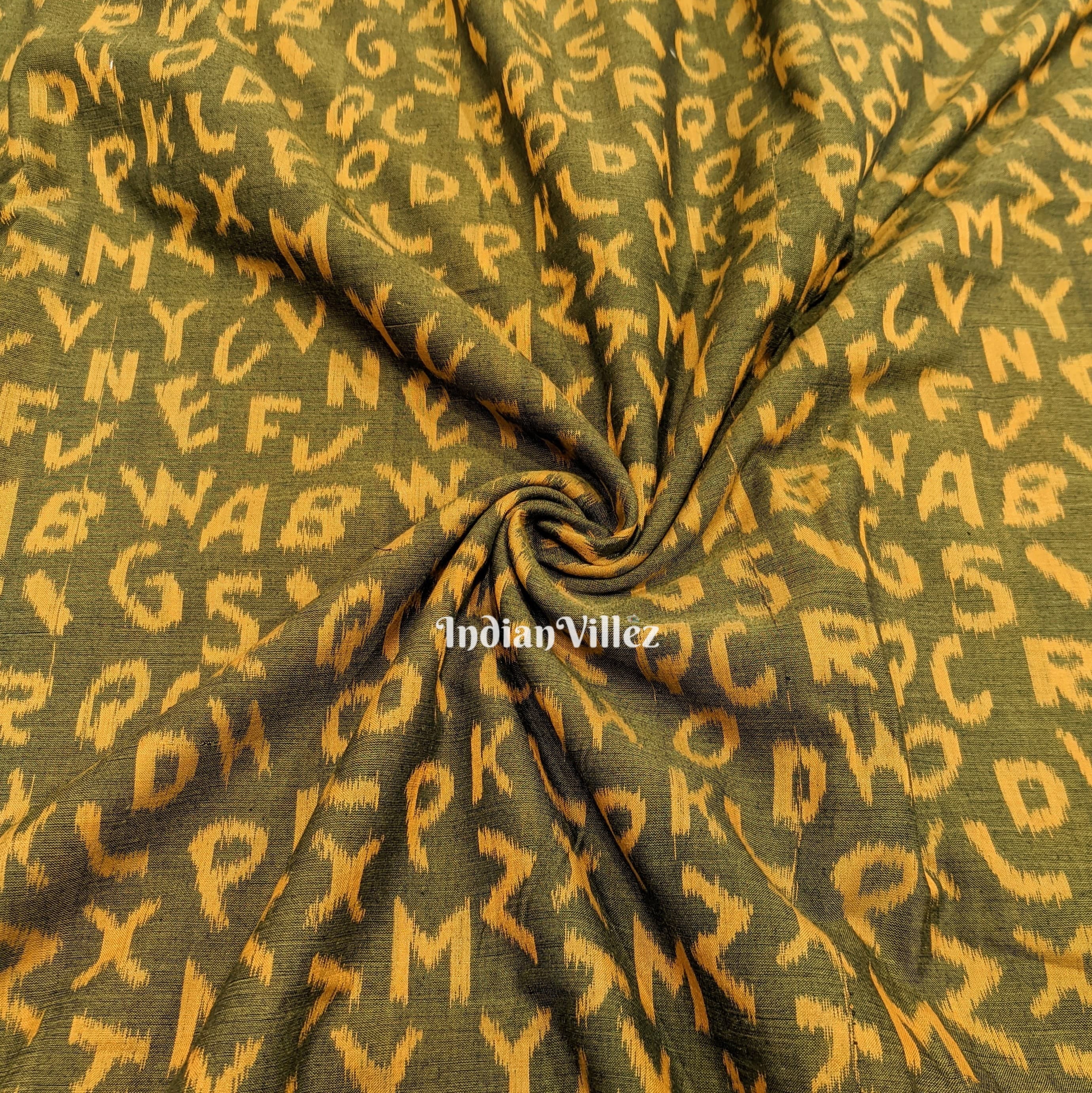 IndianVillèz Mehndi Green English Alphabet Sambalpuri Ikat Cotton Fabric