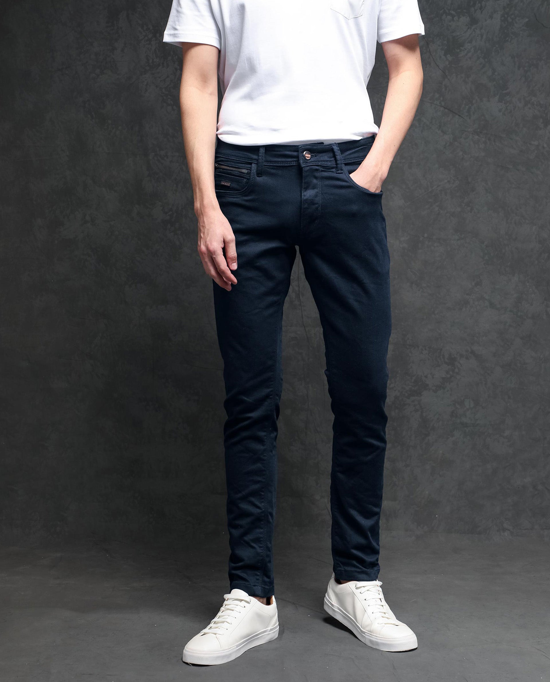Rare Rabbit Men's Radley Navy Mid Wash Mid-Rise Regular Fit Jeans