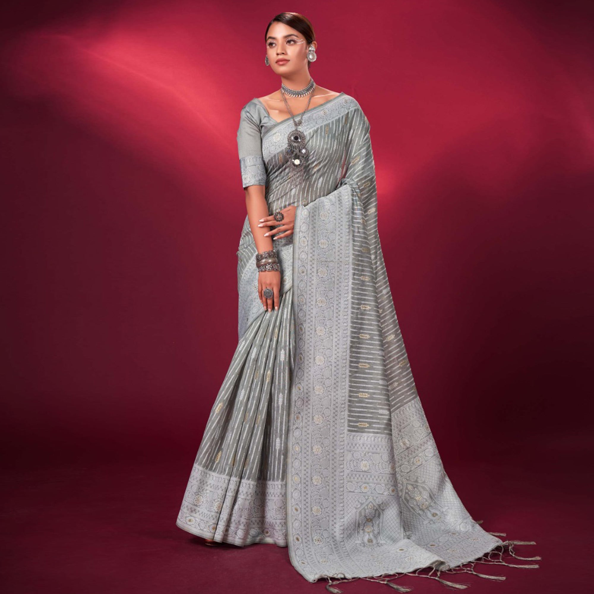Peachmode Grey Woven Cotton Silk Saree With Tassels