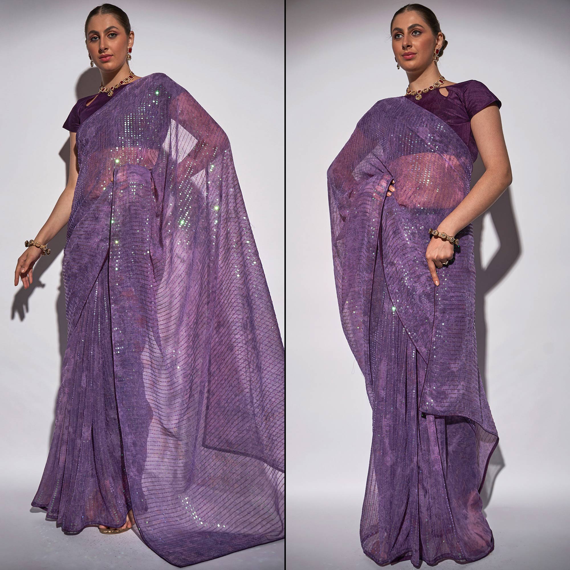 Peachmode Lavender Ombre Print Sequence Work Georgette Saree