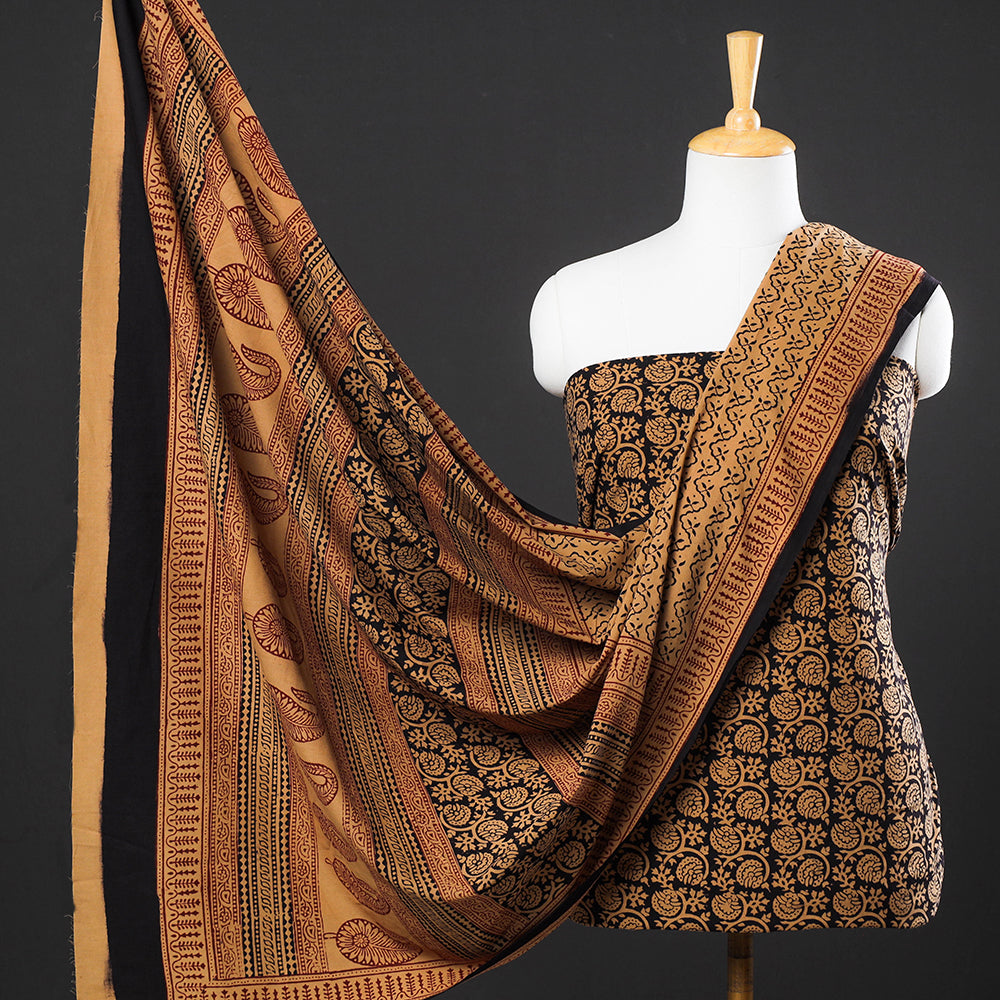 BAGH PRINTS BY MOHAMMED BILAL KHATRI Brown - 3pc Natural Dyed Cotton Bagh Print Suit Material Set 09