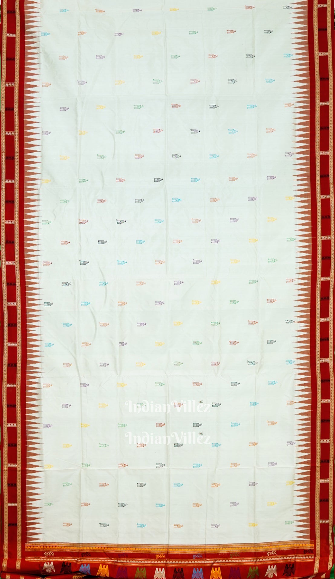 IndianVillèz White Red Shree Mandir Theme Sambalpuri Ikat Silk Saree - view 4