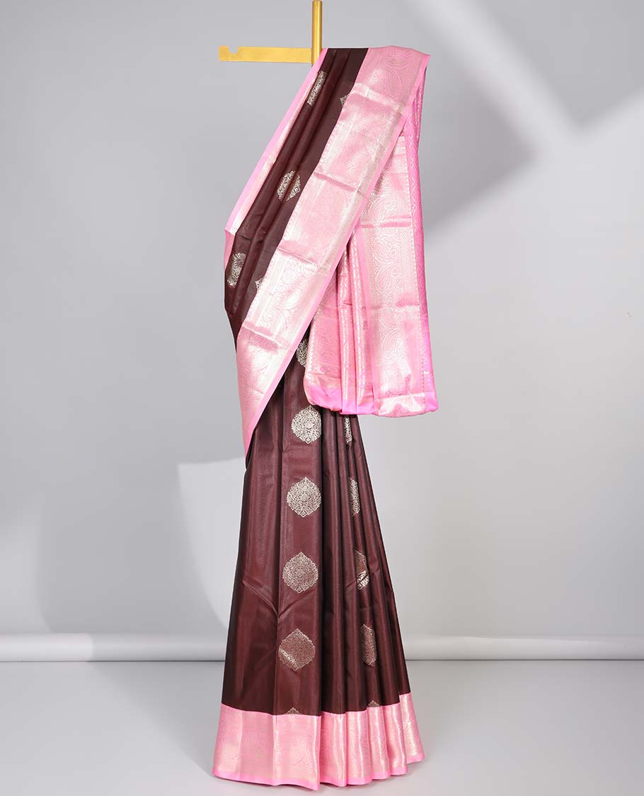 Pothys Brown floral motifs gift saree with contrast paisley border & intricate zari design pallu
