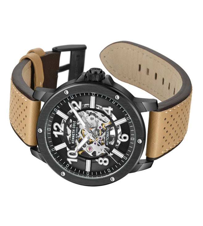 Kenneth Cole Men's Automatic Black Dial & Brown Leather Strap Watch - view 3