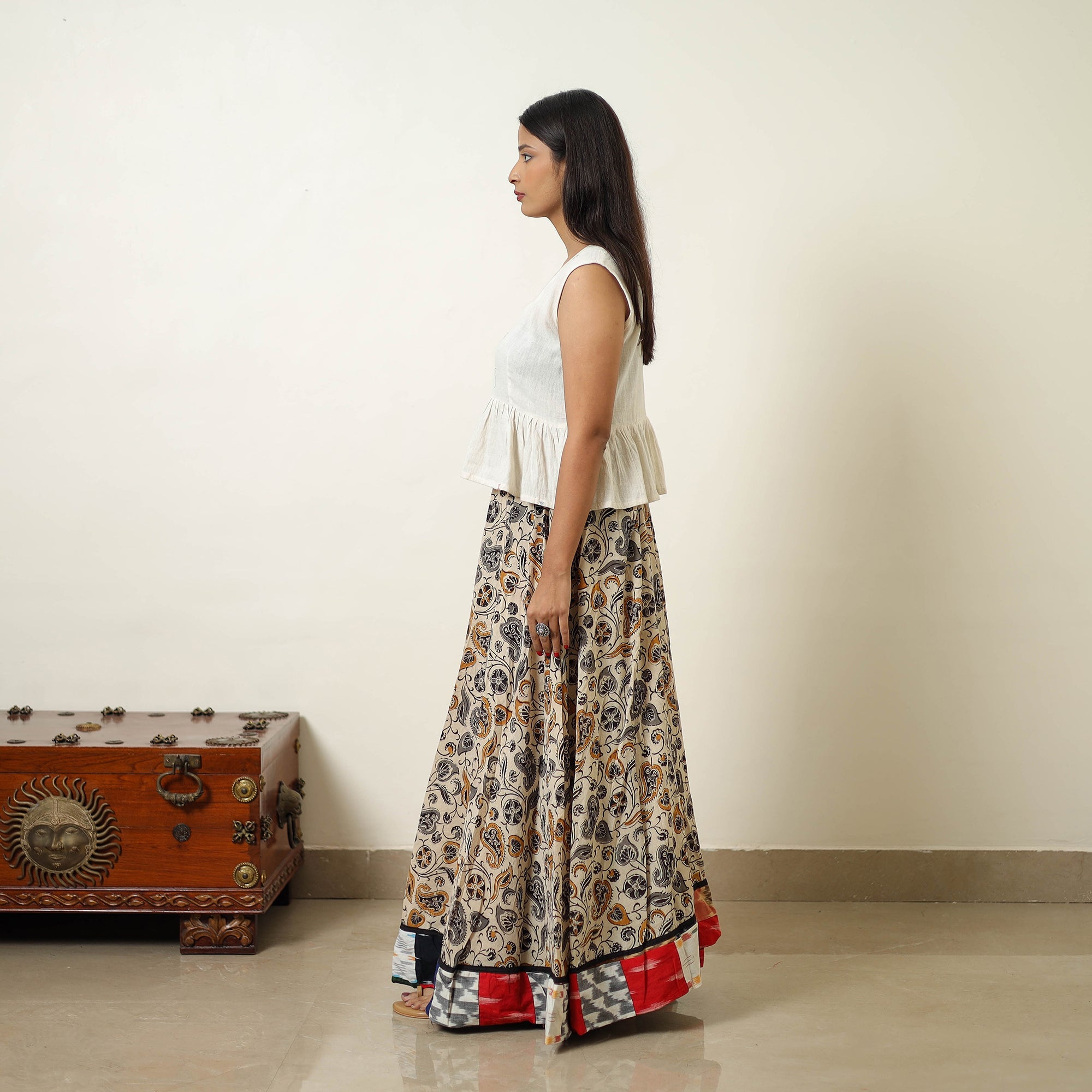 NOORI BAZAR Beige - Hand Block Printed Cotton Long Bagru Skirt 14 - view 3
