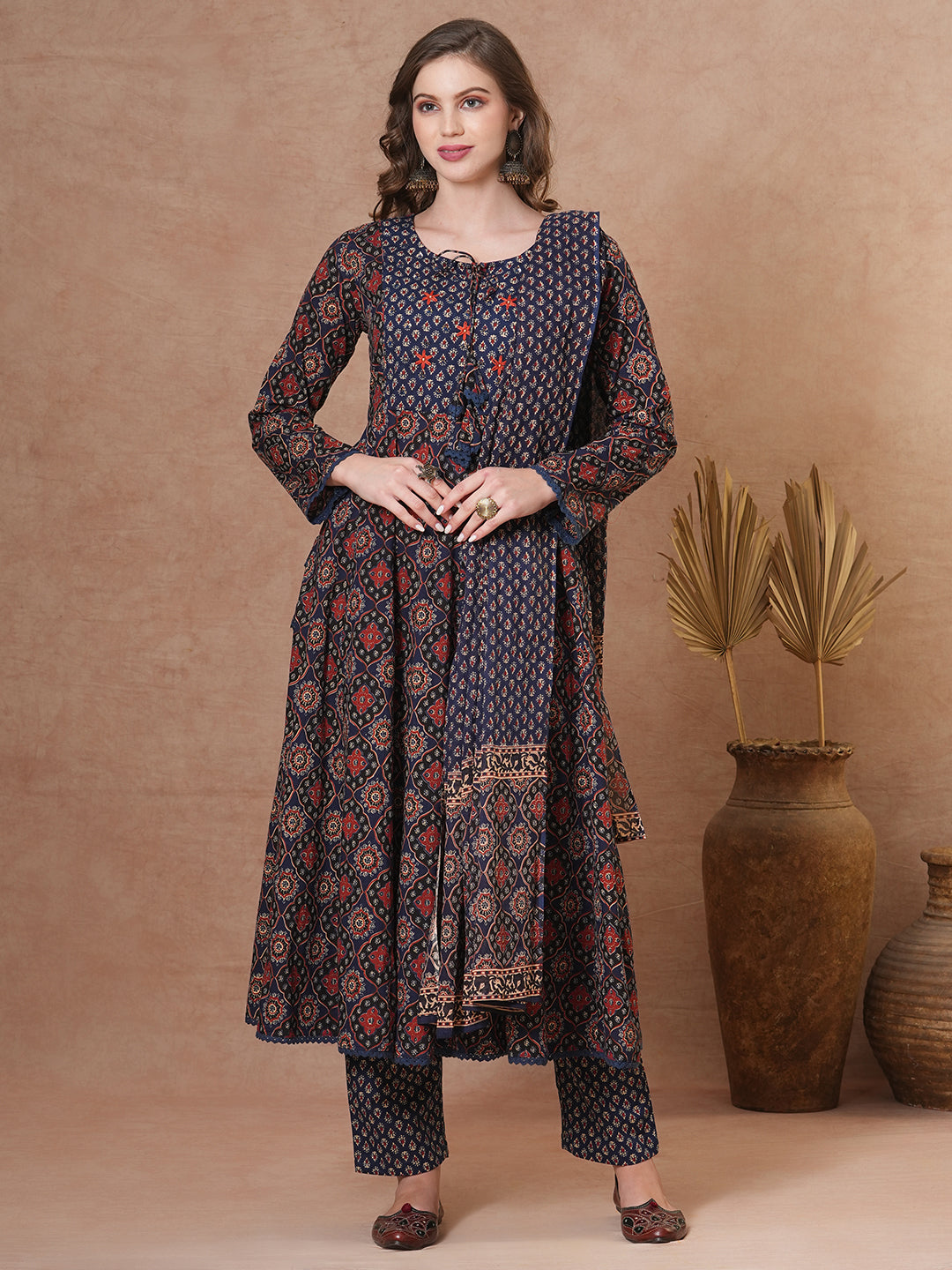 FASHOR Ethnic Floral Printed & Embroidered Anarkali Kurta with Pant & Dupatta - Blue - view 3