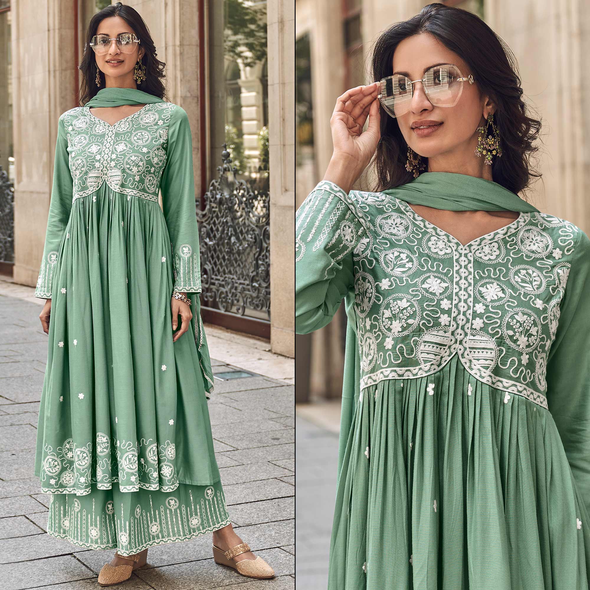 Peachmode Dusty Green Lucknowi Embroidered Rayon Palazzo Suit